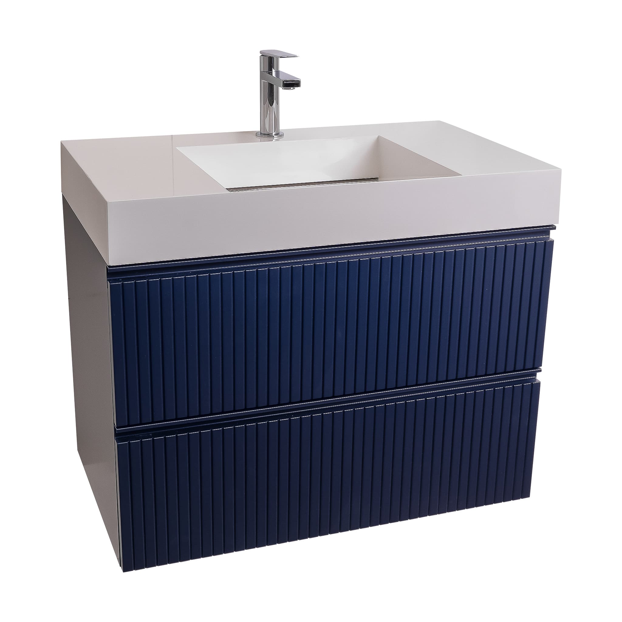 Ares 31.5 Matte Navy Blue Cabinet, Infinity Cultured Marble Sink, Wall Mounted Modern Vanity Set