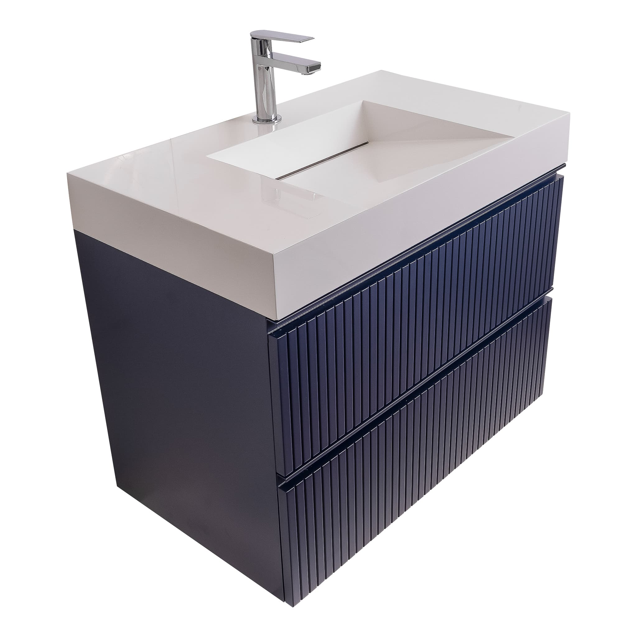 Ares 31.5 Matte Navy Blue Cabinet, Infinity Cultured Marble Sink, Wall Mounted Modern Vanity Set