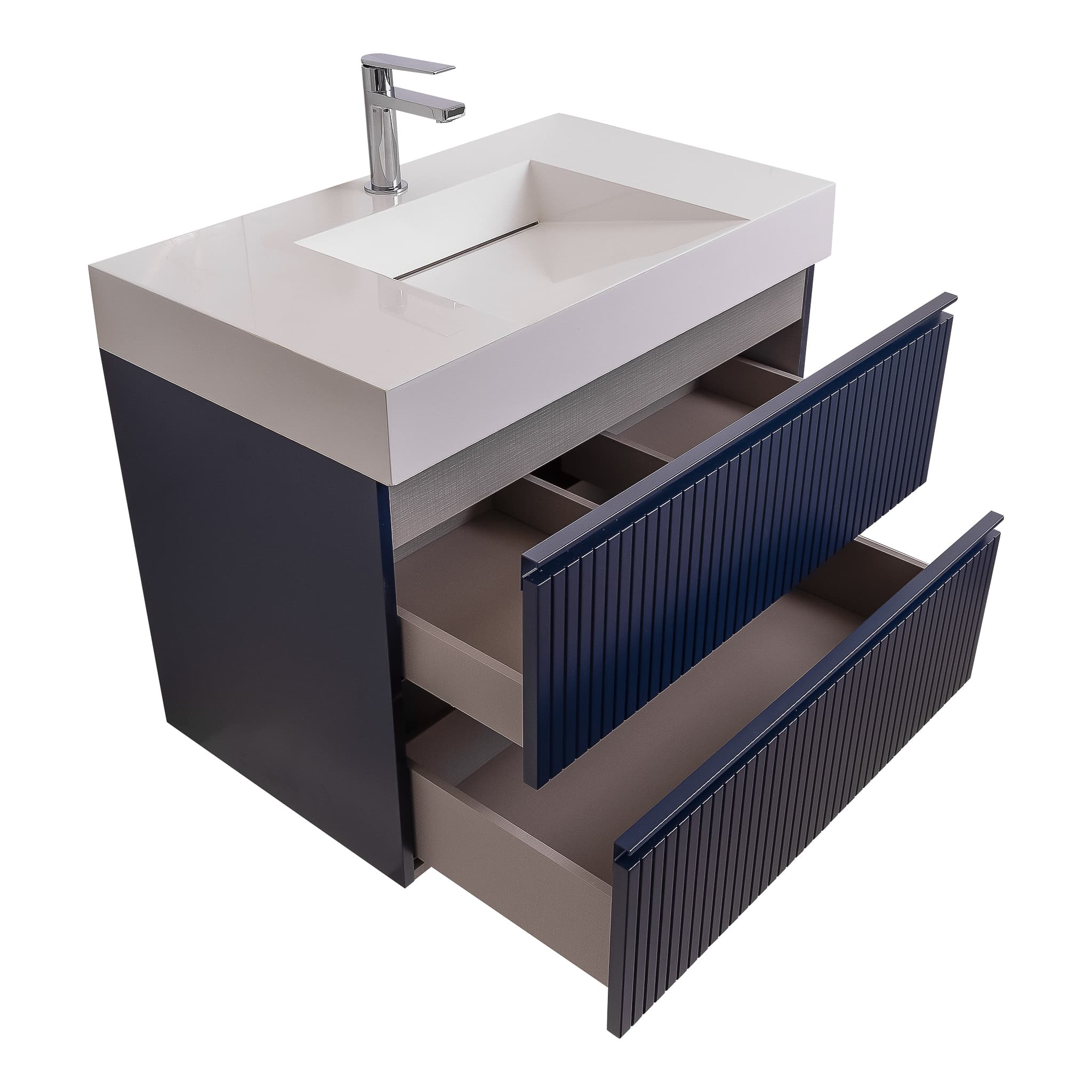 Ares 31.5 Matte Navy Blue Cabinet, Infinity Cultured Marble Sink, Wall Mounted Modern Vanity Set