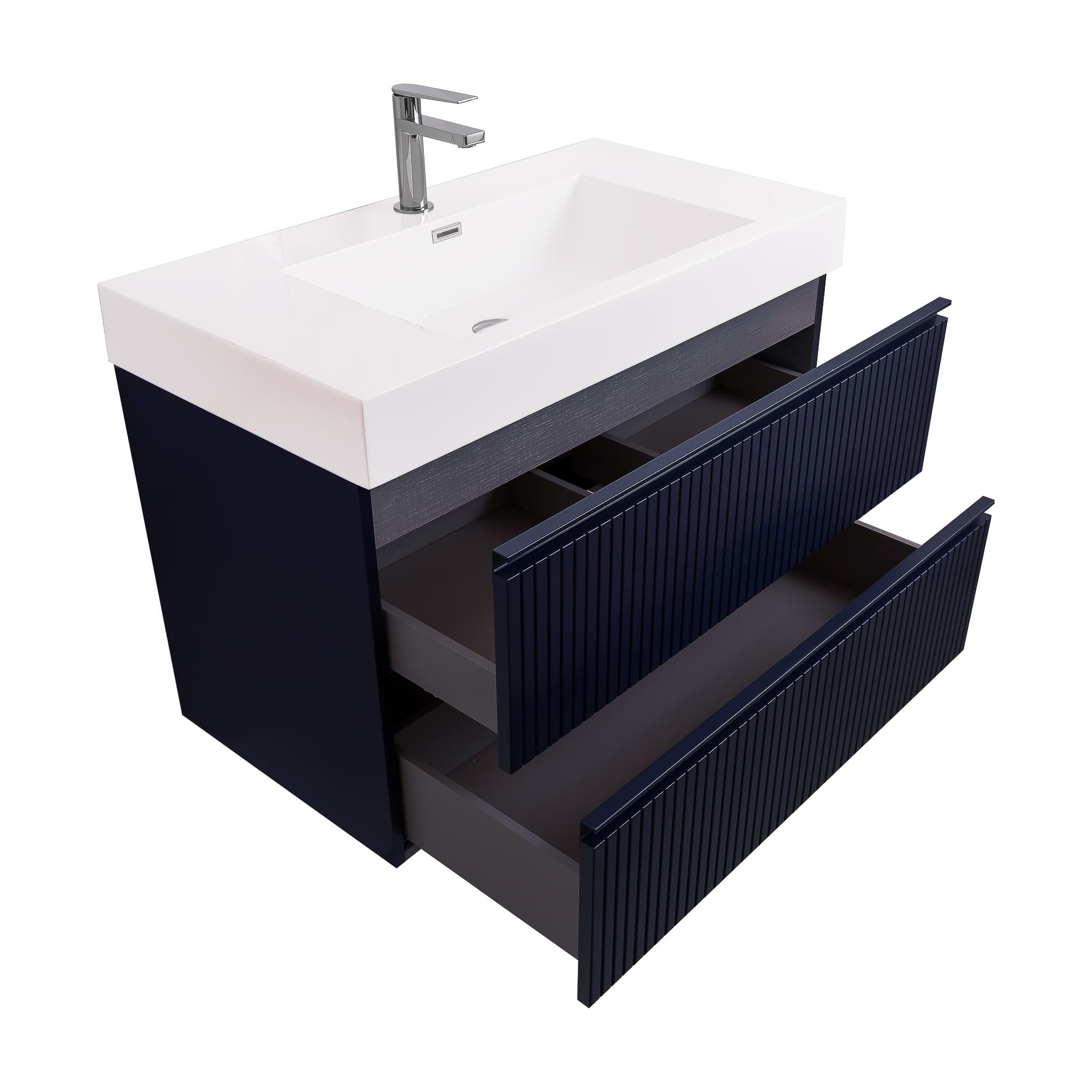 Ares 31.5 Matte Navy Blue Cabinet, Square Cultured Marble Sink, Wall Mounted Modern Vanity Set