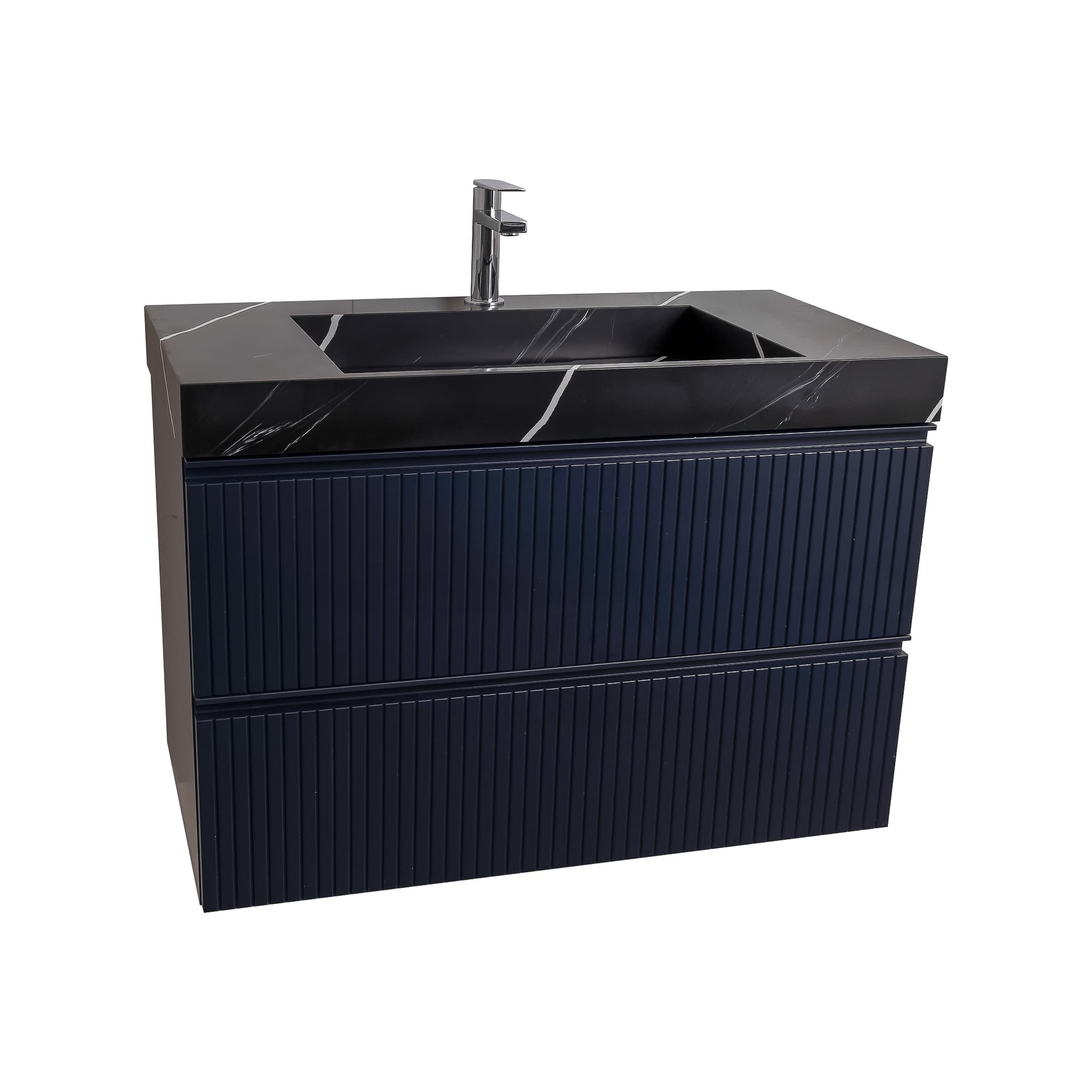 Ares 31.5 Navy Blue Cabinet, Solid Surface Matte Black Carrara Infinity Sink, Wall Mounted Modern Vanity Set