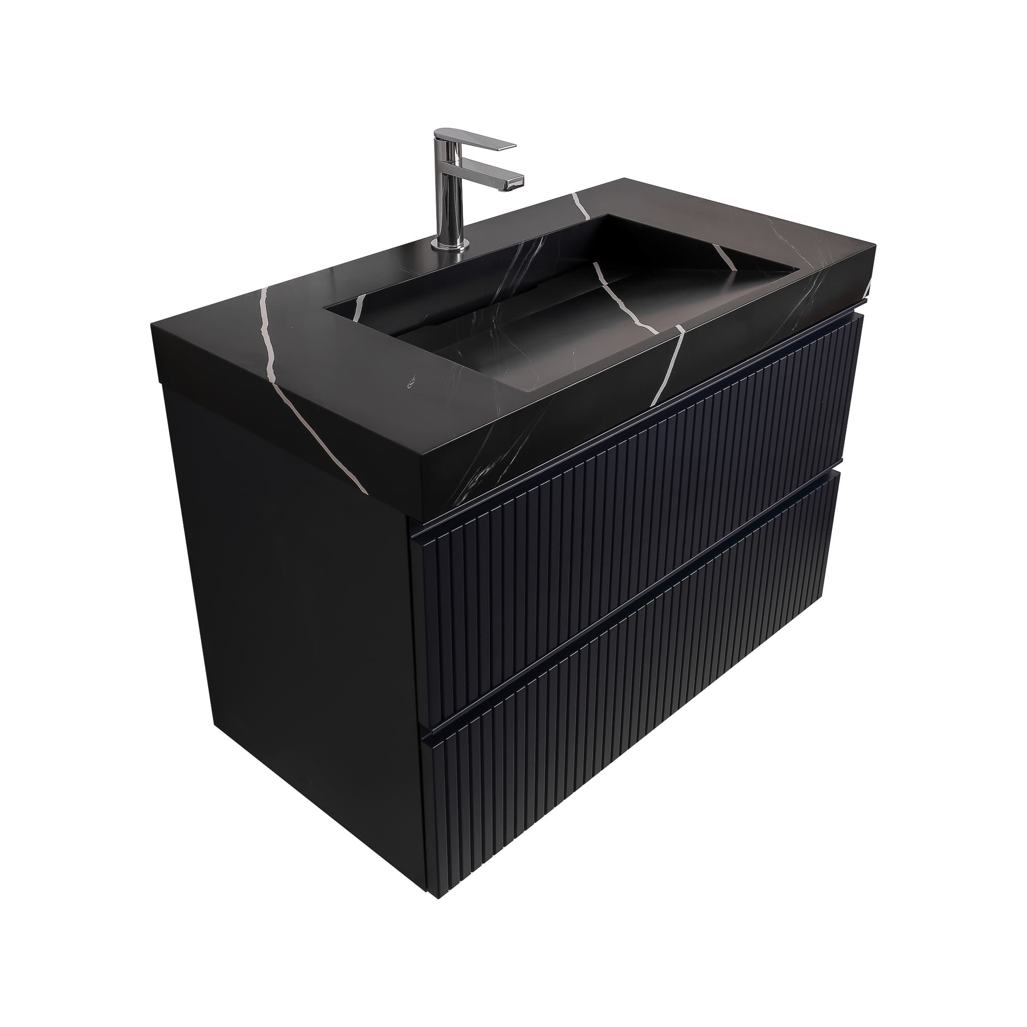 Ares 31.5 Navy Blue Cabinet, Solid Surface Matte Black Carrara Infinity Sink, Wall Mounted Modern Vanity Set