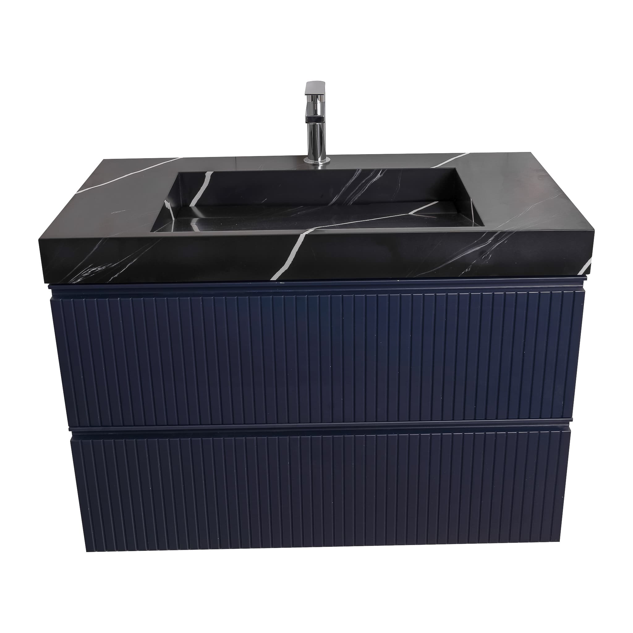 Ares 31.5 Navy Blue Cabinet, Solid Surface Matte Black Carrara Infinity Sink, Wall Mounted Modern Vanity Set