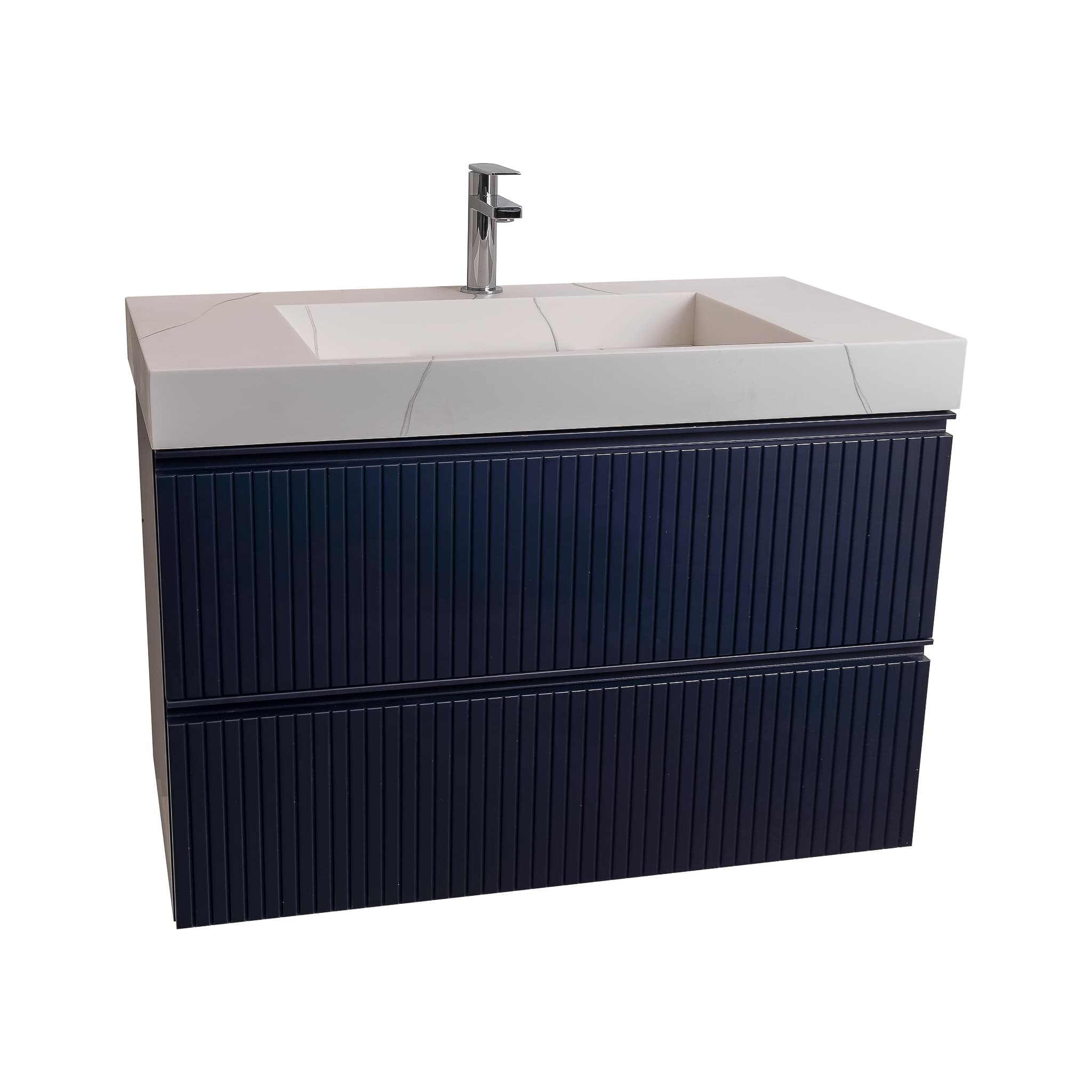 Ares 31.5 Navy Blue Cabinet, Solid Surface Matte White Top Carrara Infinity Sink, Wall Mounted Modern Vanity Set