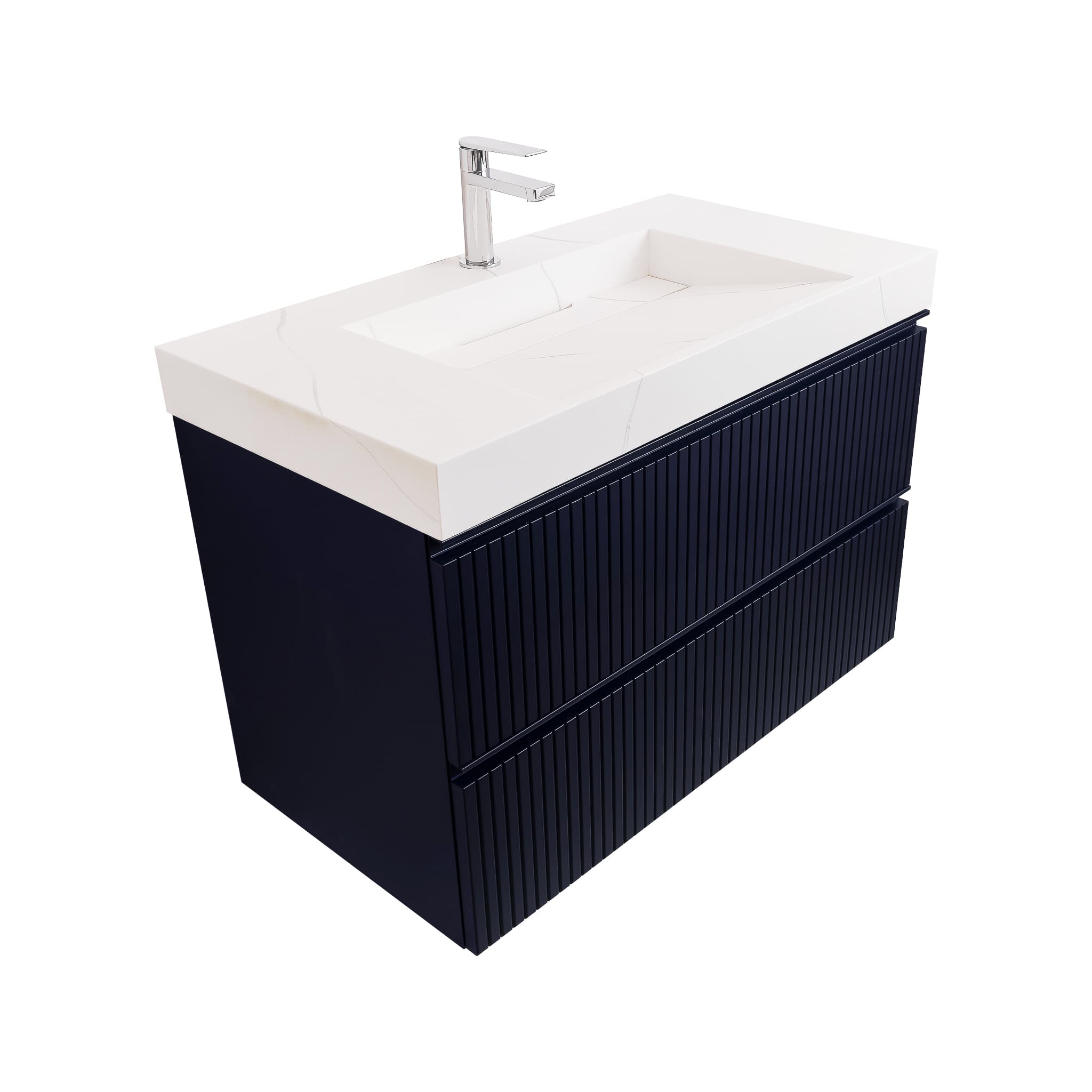 Ares 31.5 Navy Blue Cabinet, Solid Surface Matte White Top Carrara Infinity Sink, Wall Mounted Modern Vanity Set