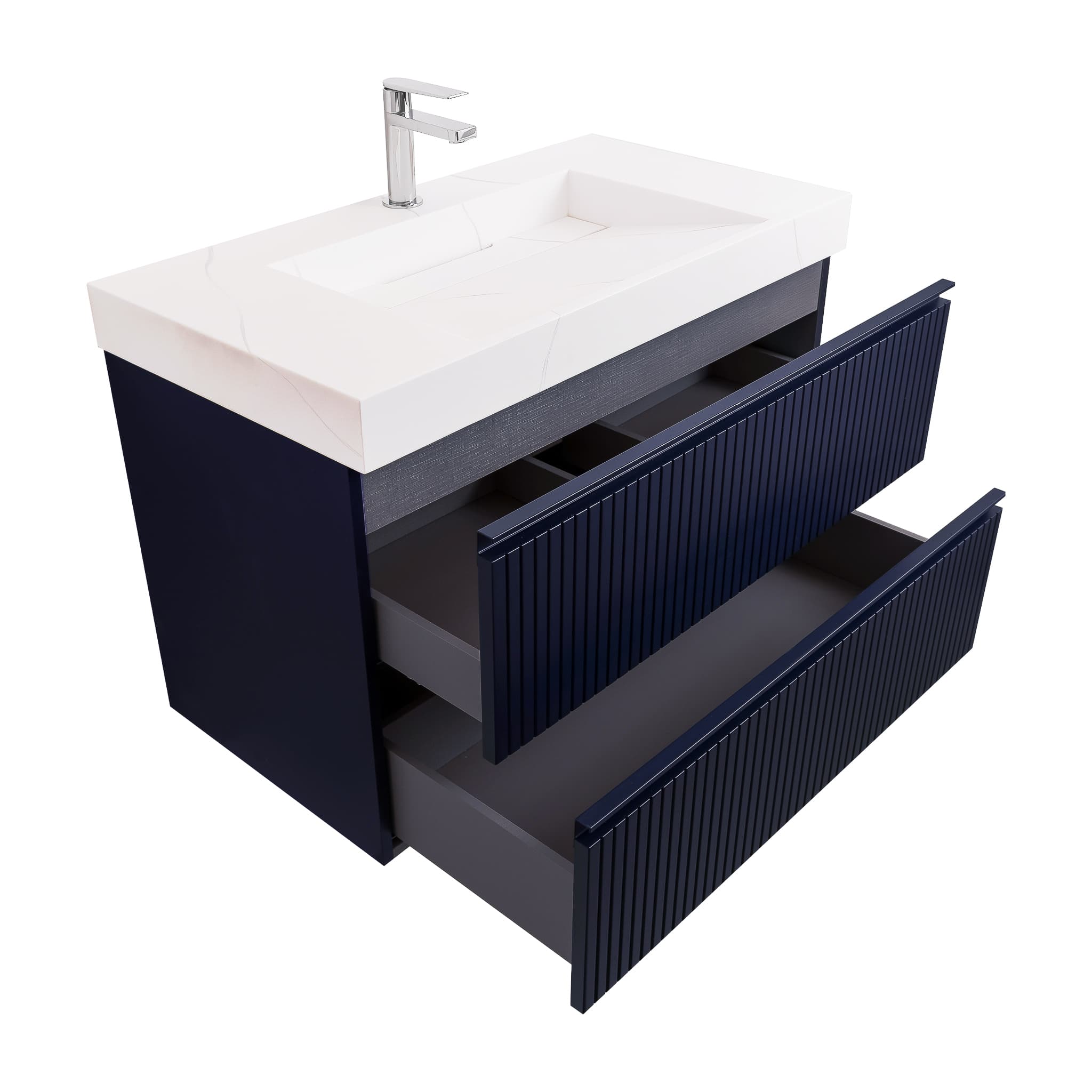 Ares 31.5 Navy Blue Cabinet, Solid Surface Matte White Top Carrara Infinity Sink, Wall Mounted Modern Vanity Set