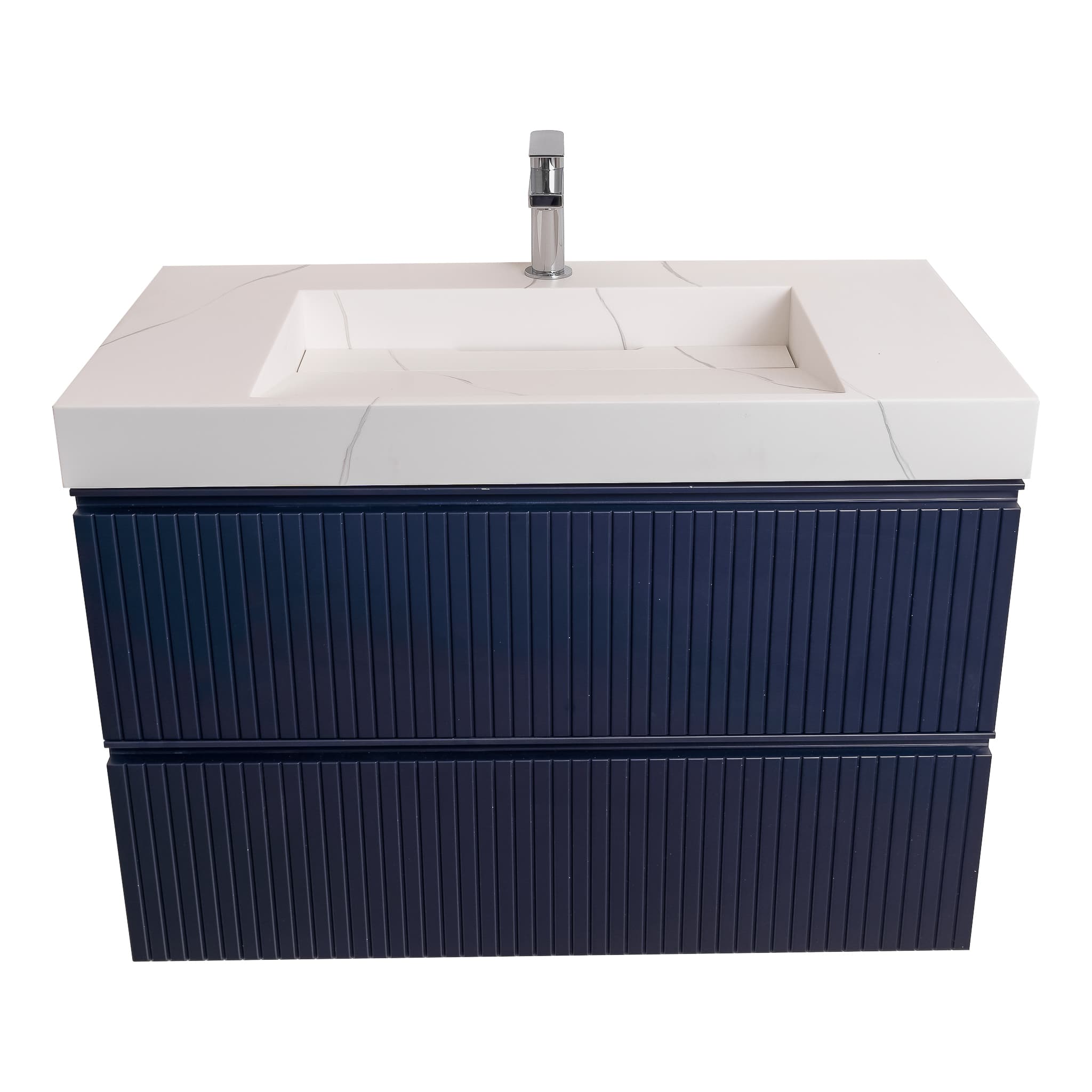 Ares 31.5 Navy Blue Cabinet, Solid Surface Matte White Top Carrara Infinity Sink, Wall Mounted Modern Vanity Set