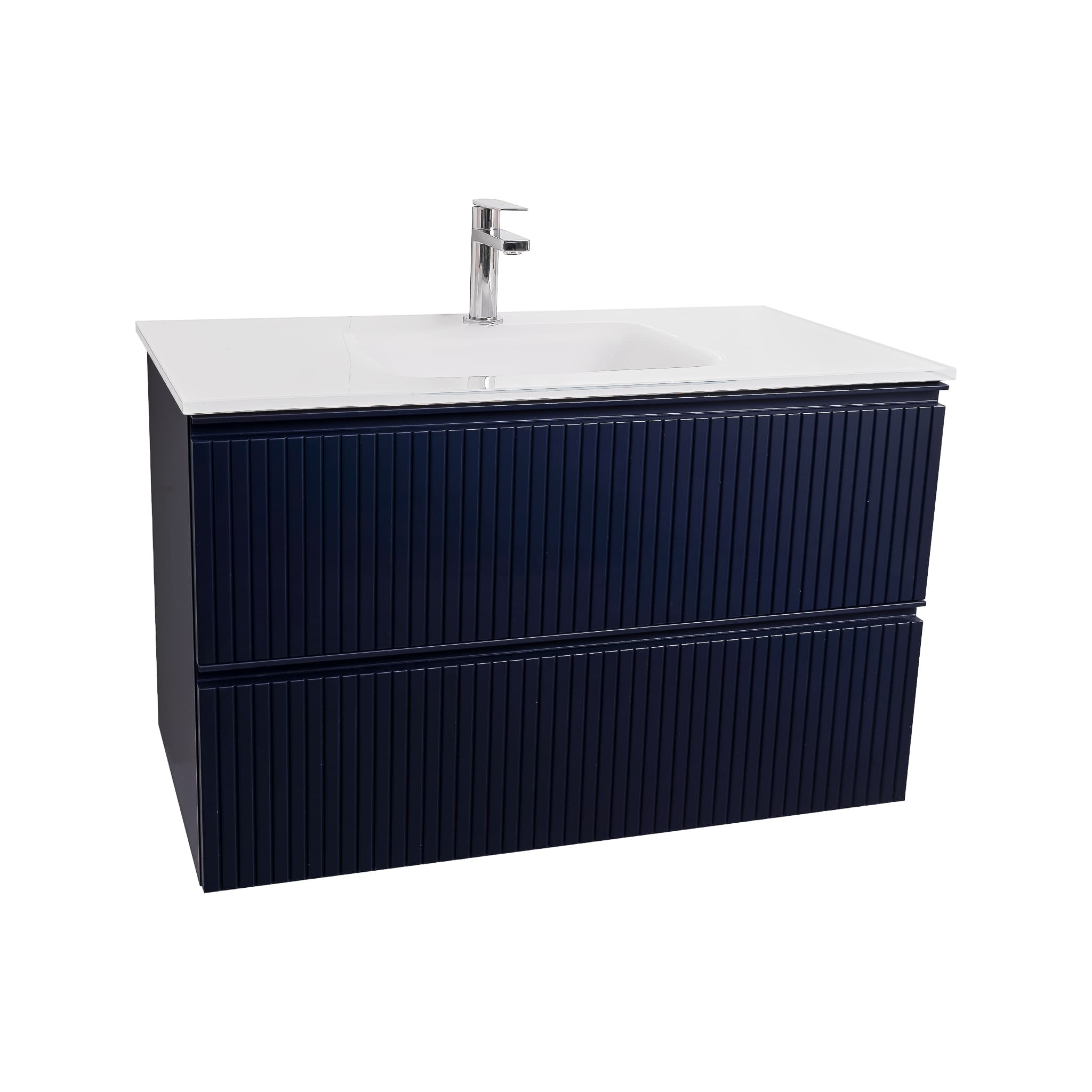 Ares 31.5 Matte Navy Blue Cabinet, White Tempered Glass Sink, Wall Mounted Modern Vanity Set