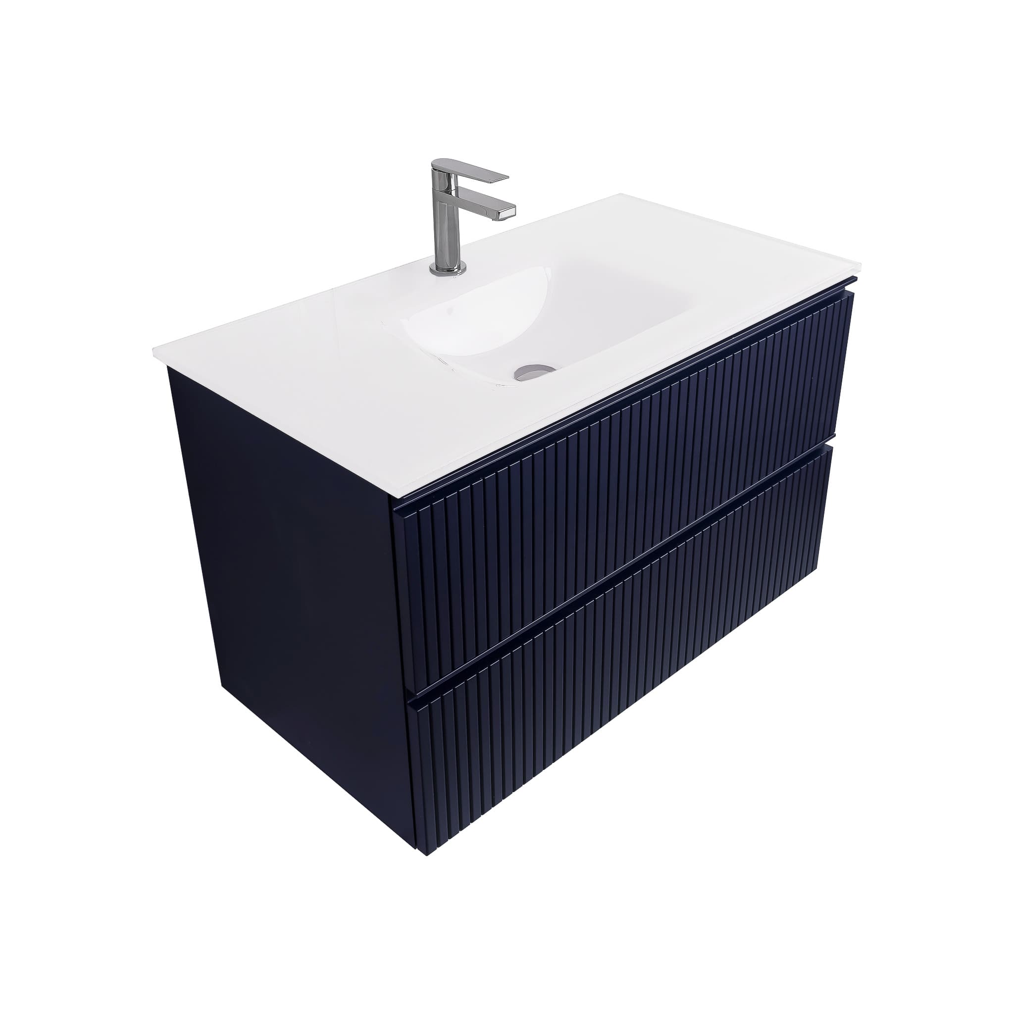 Ares 31.5 Matte Navy Blue Cabinet, White Tempered Glass Sink, Wall Mounted Modern Vanity Set