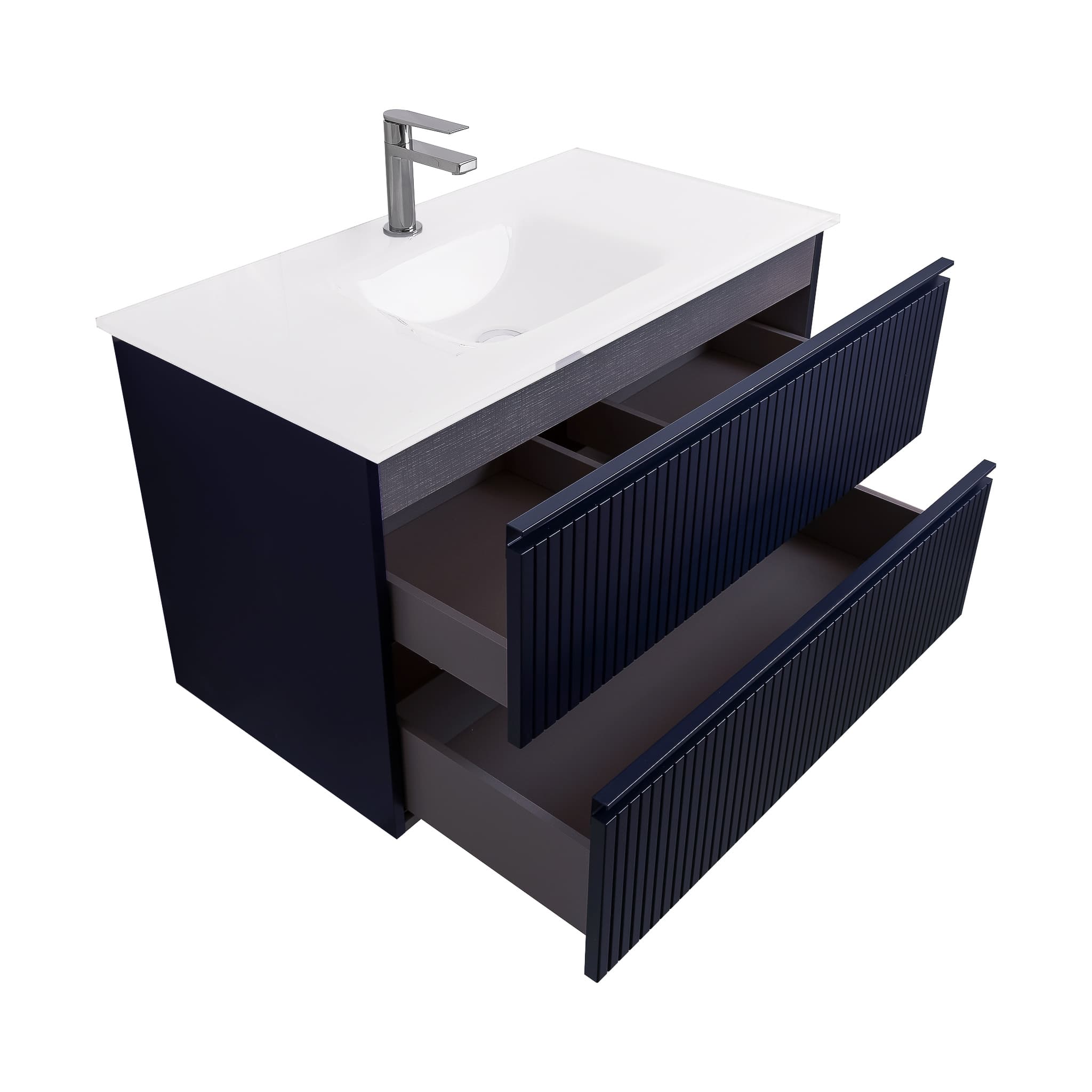 Ares 31.5 Matte Navy Blue Cabinet, White Tempered Glass Sink, Wall Mounted Modern Vanity Set