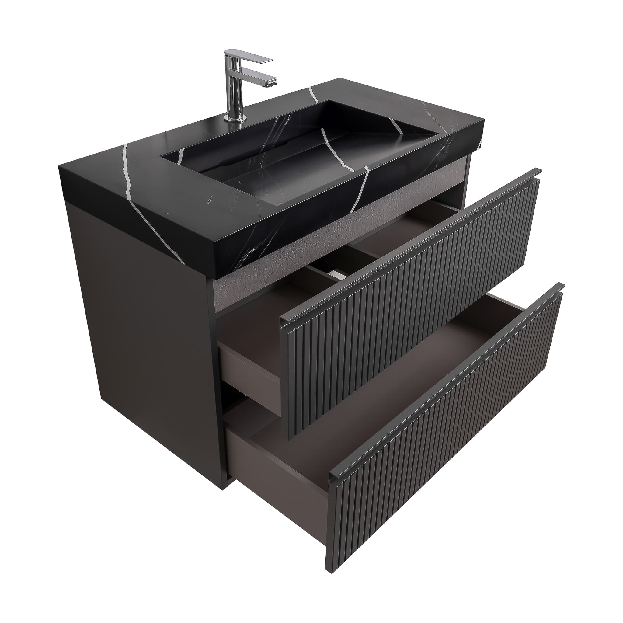 Ares 31.5 Matte Grey Cabinet, Solid Surface Matte Black Carrara Infinity Sink, Wall Mounted Modern Vanity Set