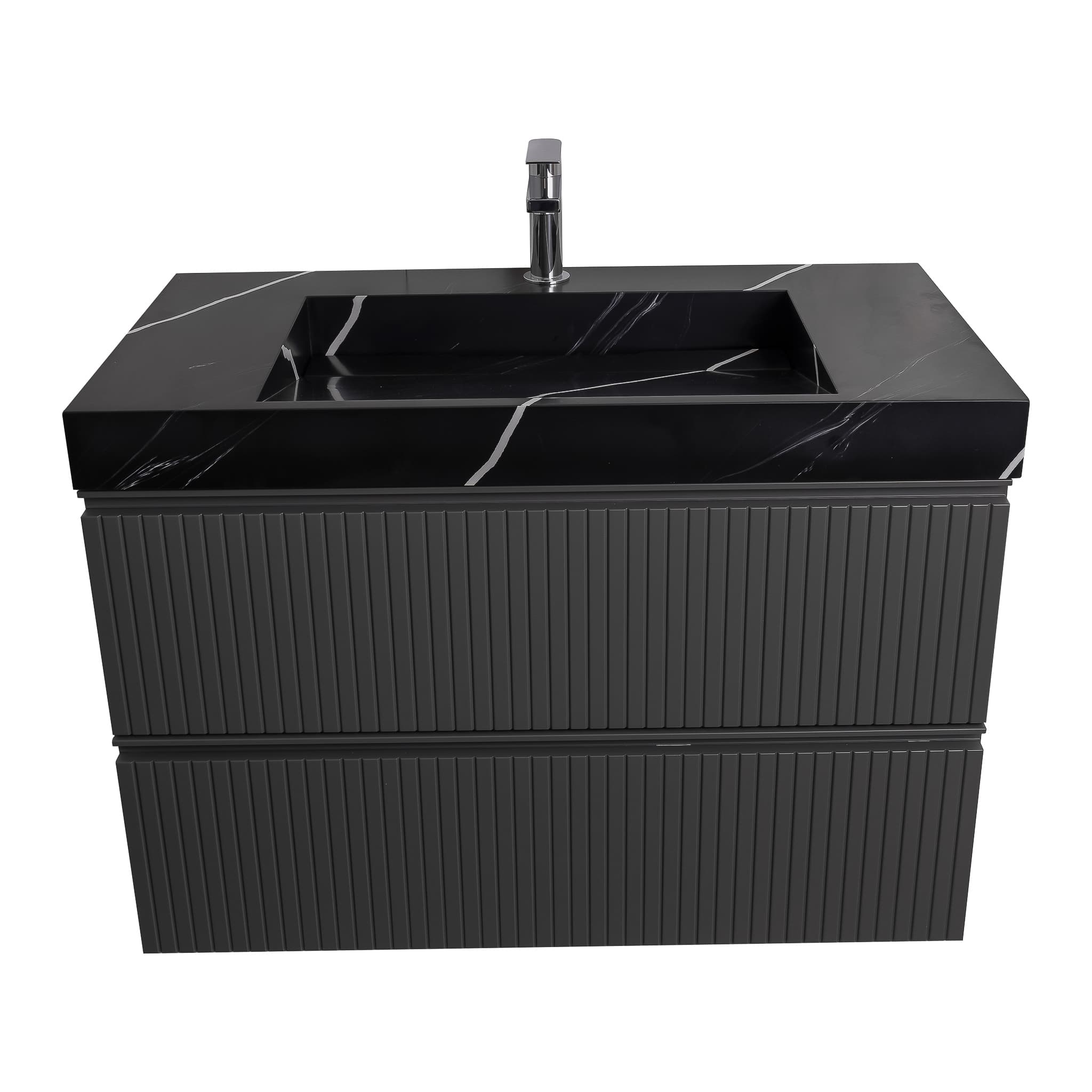 Ares 31.5 Matte Grey Cabinet, Solid Surface Matte Black Carrara Infinity Sink, Wall Mounted Modern Vanity Set