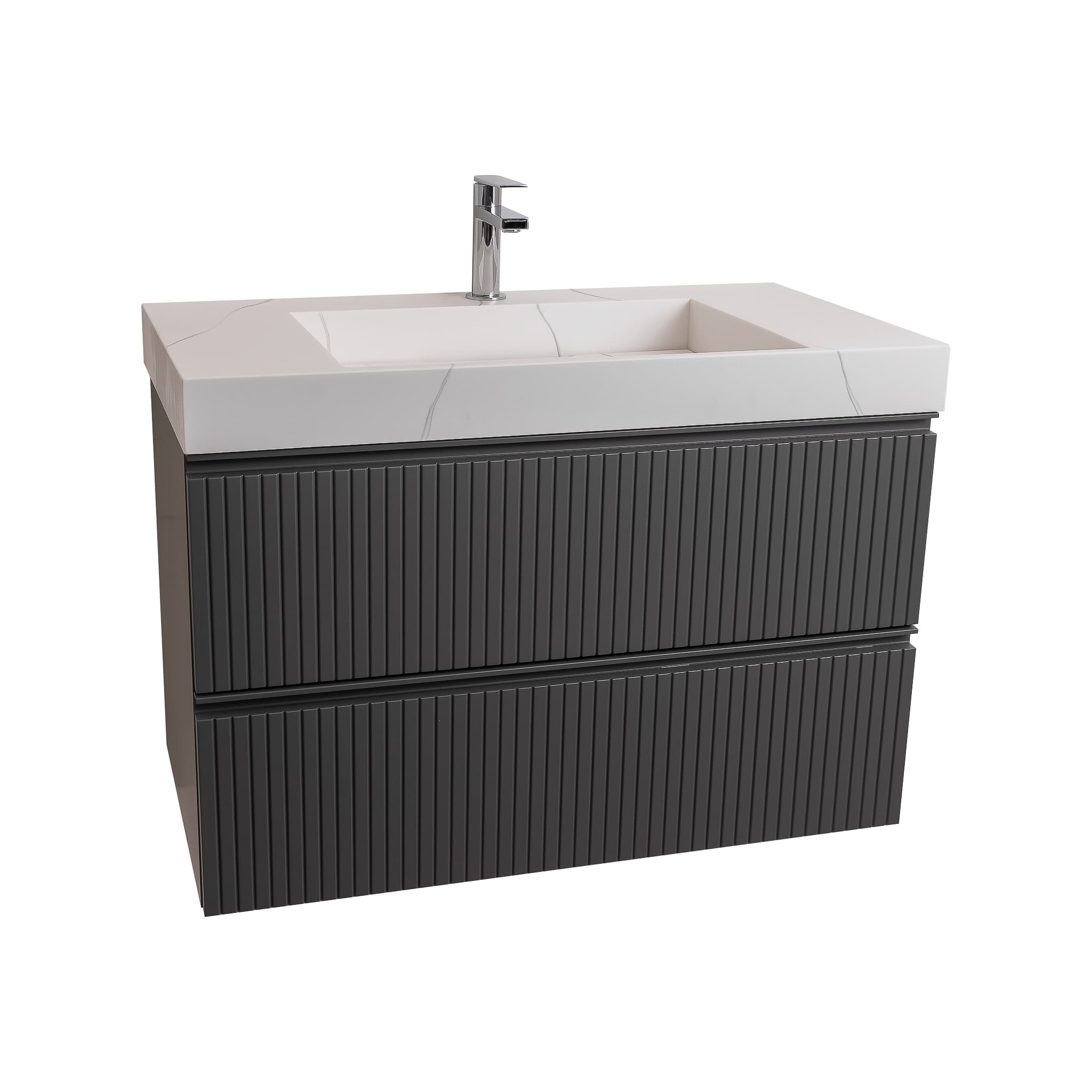 Ares 31.5 Matte Grey Cabinet, Solid Surface Matte White Top Carrara Infinity Sink, Wall Mounted Modern Vanity Set