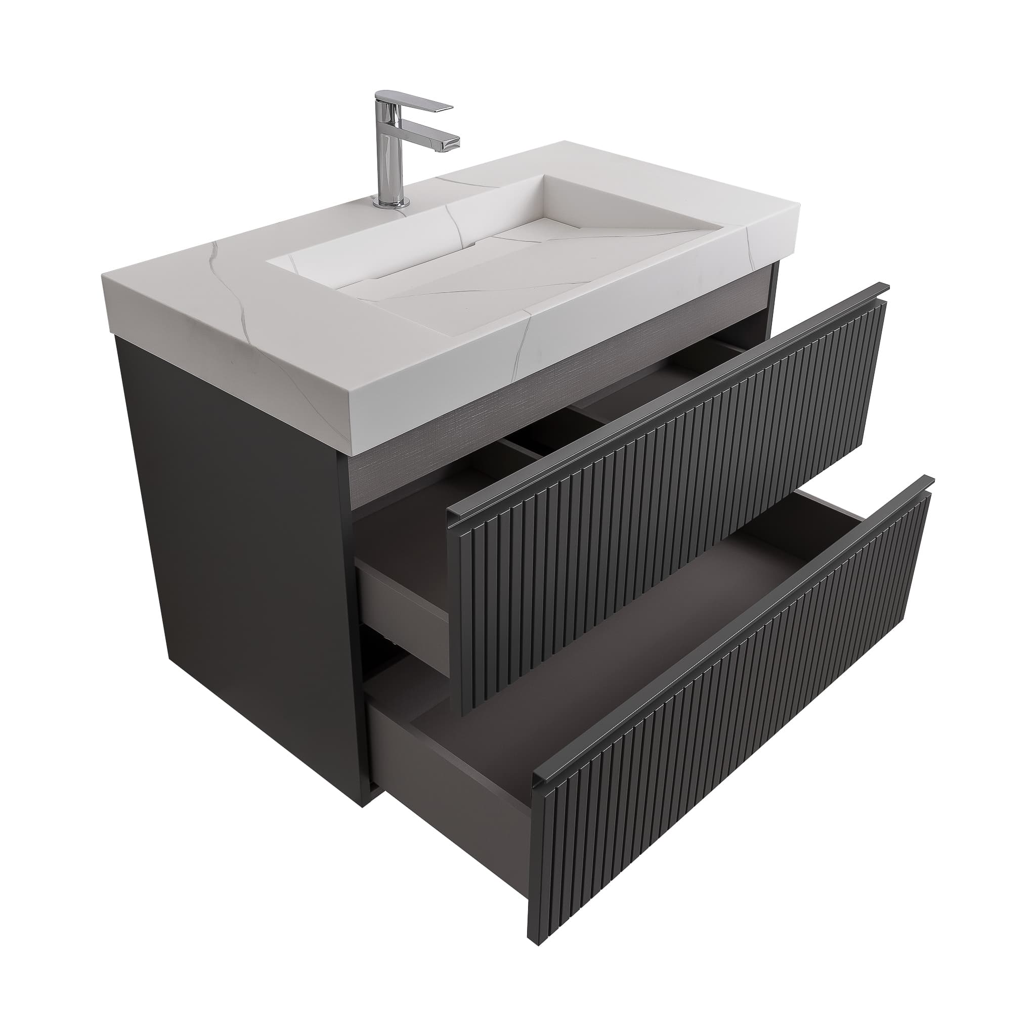 Ares 31.5 Matte Grey Cabinet, Solid Surface Matte White Top Carrara Infinity Sink, Wall Mounted Modern Vanity Set