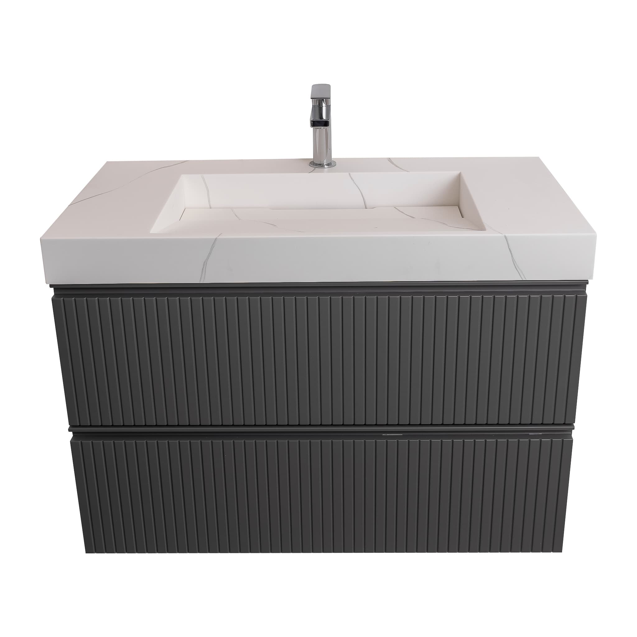 Ares 31.5 Matte Grey Cabinet, Solid Surface Matte White Top Carrara Infinity Sink, Wall Mounted Modern Vanity Set