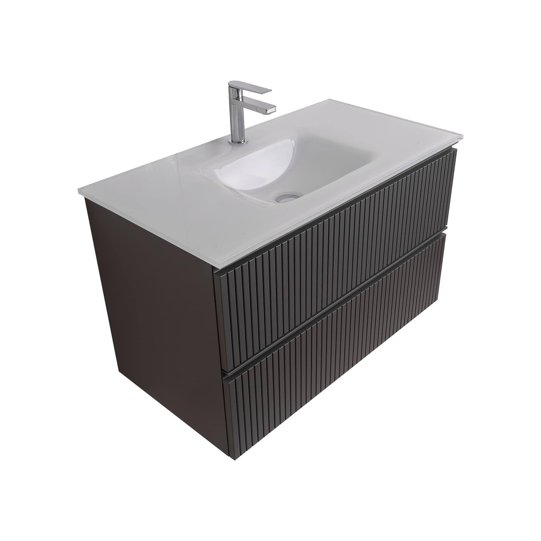 Ares 31.5 Matte Grey Cabinet, White Tempered Glass Sink, Wall Mounted Modern Vanity Set