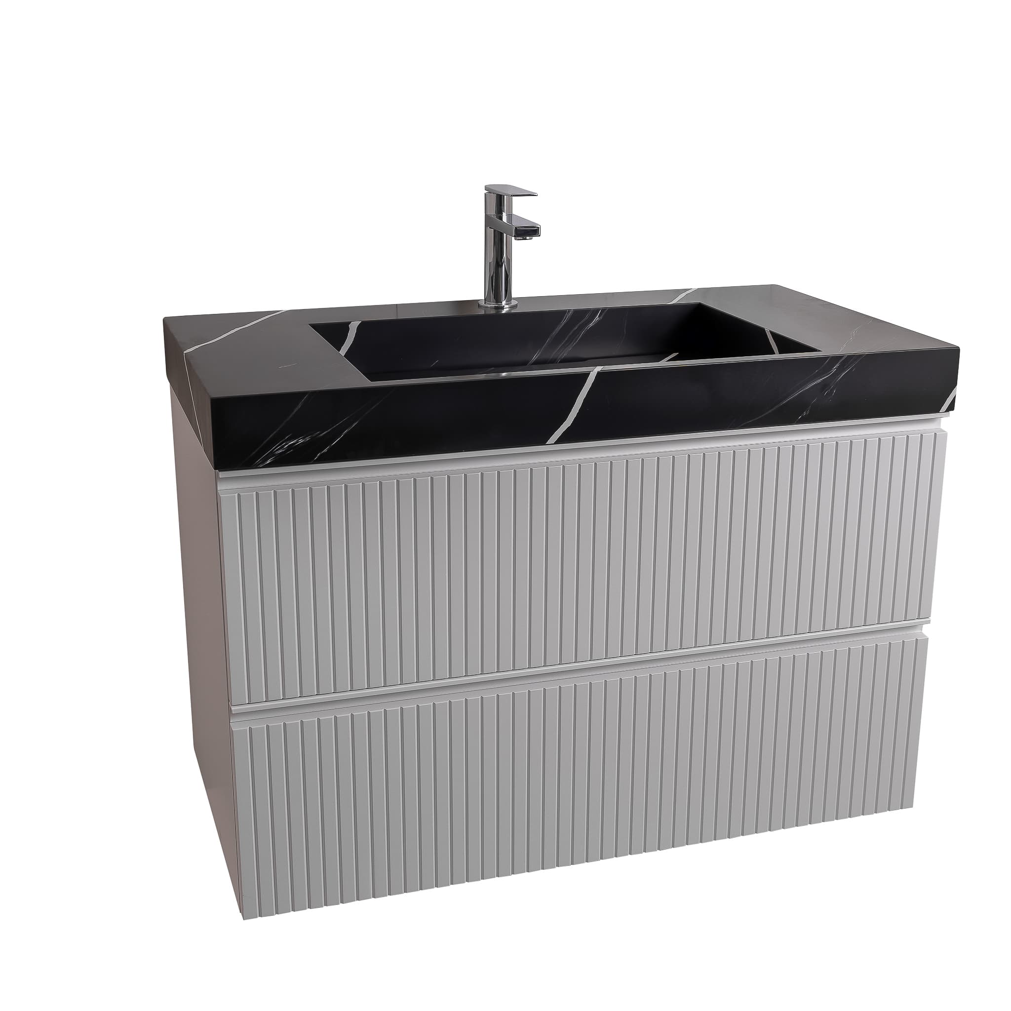 Ares 31.5 Matte White Cabinet, Solid Surface Matte Black Carrara Infinity Sink, Wall Mounted Modern Vanity Set