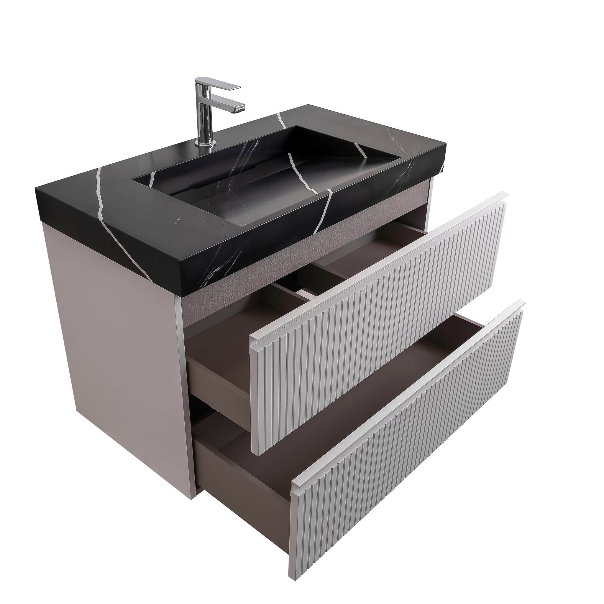 Ares 31.5 Matte White Cabinet, Solid Surface Matte Black Carrara Infinity Sink, Wall Mounted Modern Vanity Set