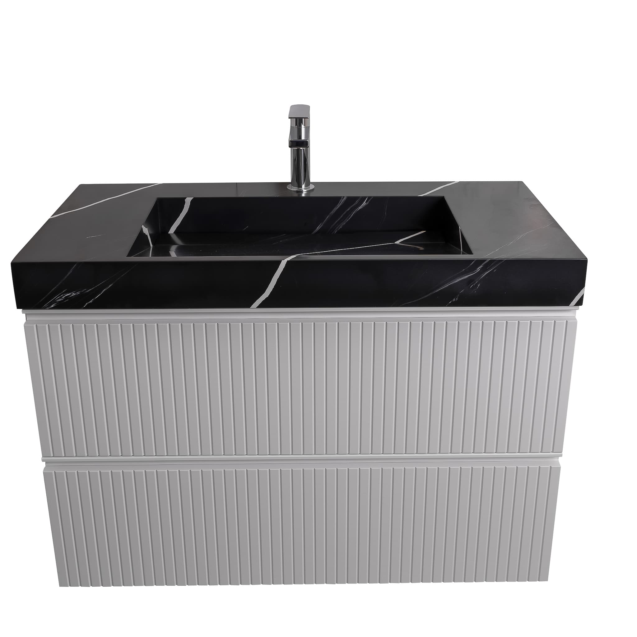 Ares 31.5 Matte White Cabinet, Solid Surface Matte Black Carrara Infinity Sink, Wall Mounted Modern Vanity Set