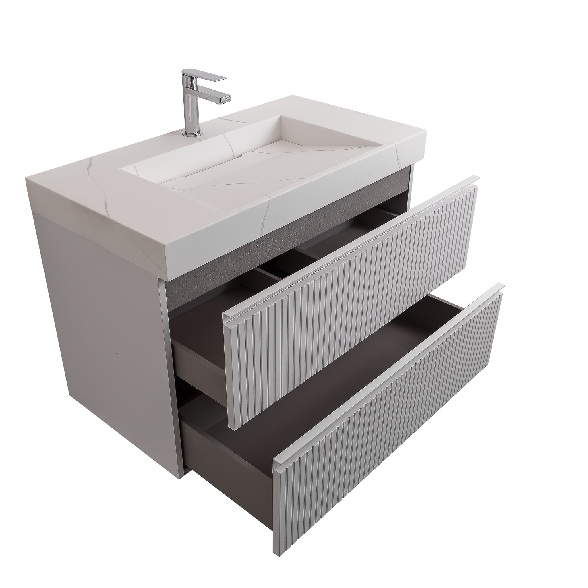 Ares 31.5 Matte White Cabinet, Solid Surface Matte White Top Carrara Infinity Sink, Wall Mounted Modern Vanity Set