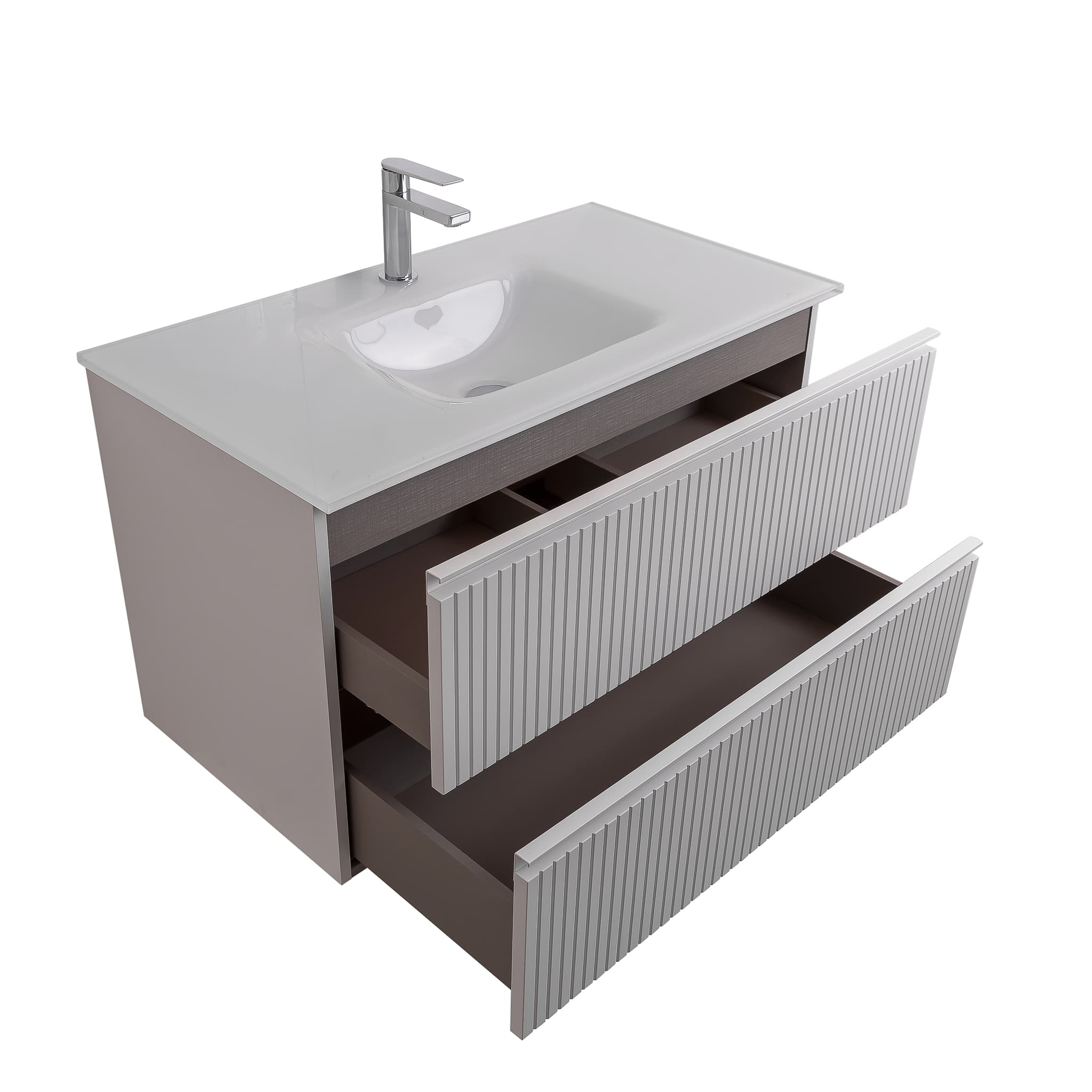 Ares 31.5 Matte White Cabinet, White Tempered Glass Sink, Wall Mounted Modern Vanity Set