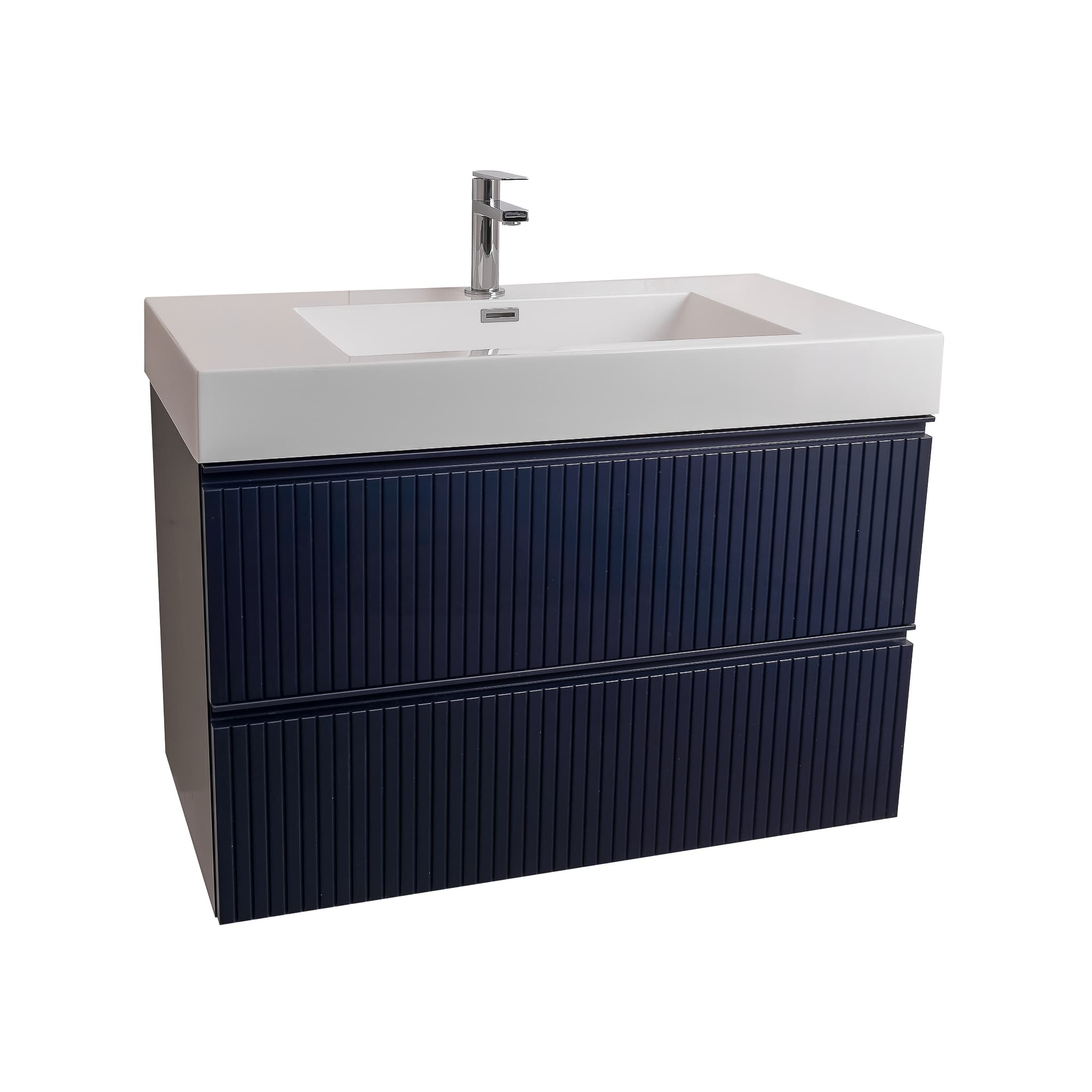 Ares 35.5 Matte Navy Blue Cabinet, Square Cultured Marble Sink, Wall Mounted Modern Vanity Set