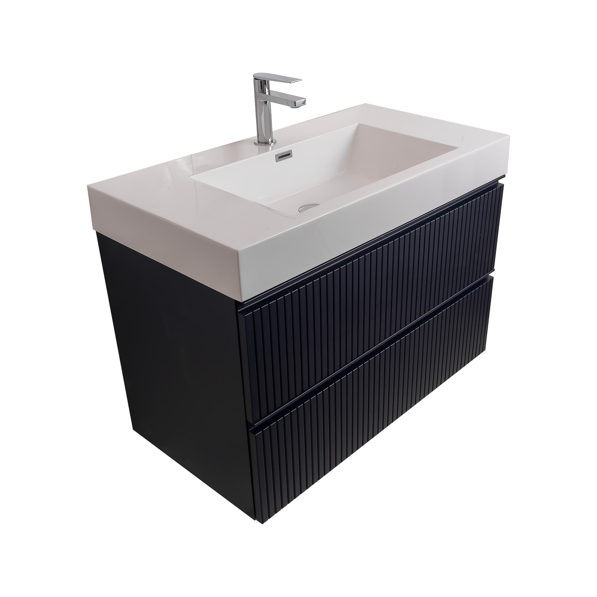 Ares 35.5 Matte Navy Blue Cabinet, Square Cultured Marble Sink, Wall Mounted Modern Vanity Set