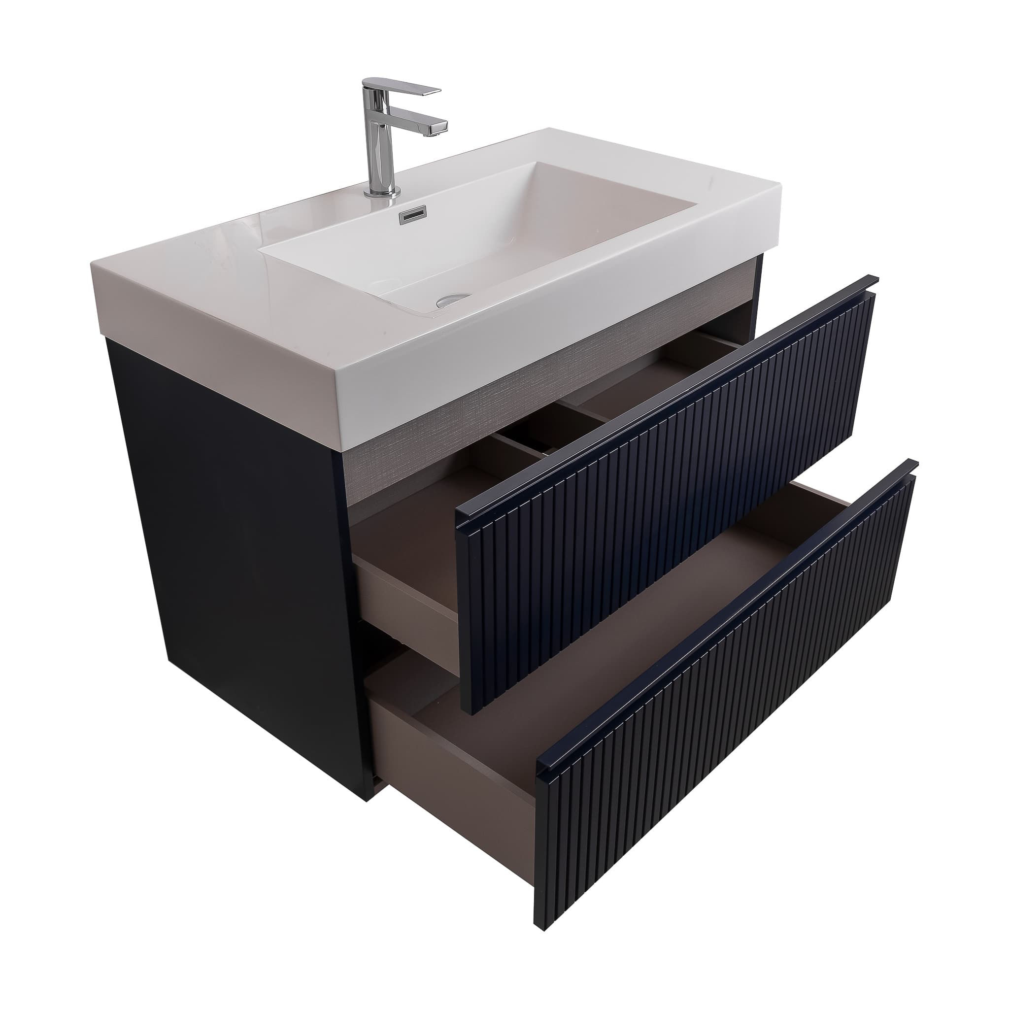 Ares 35.5 Matte Navy Blue Cabinet, Square Cultured Marble Sink, Wall Mounted Modern Vanity Set