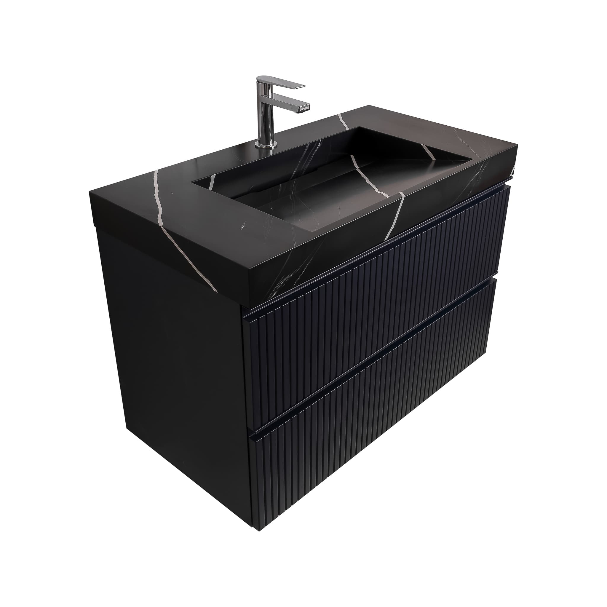 Ares 35.5 Navy Blue Cabinet, Solid Surface Matte Black Carrara Infinity Sink, Wall Mounted Modern Vanity Set