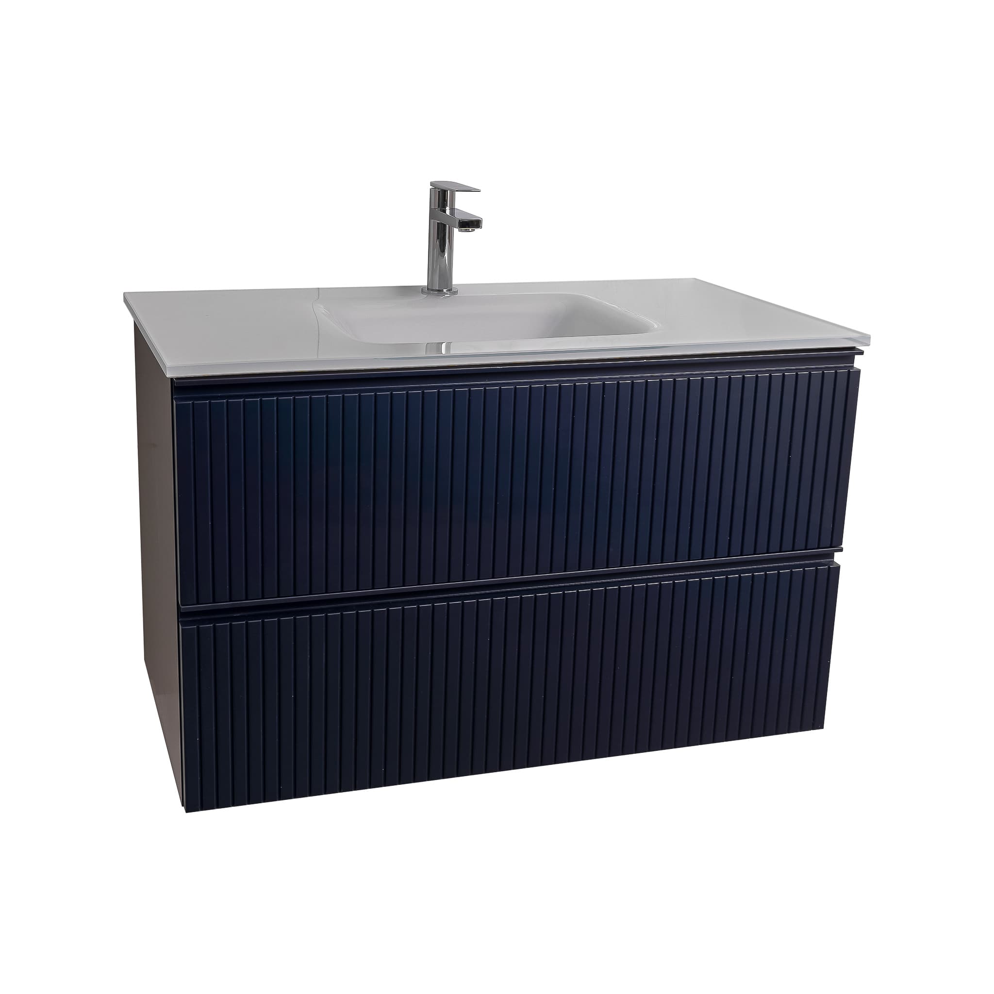 Ares 35.5 Matte Navy Blue Cabinet, White Tempered Glass Sink, Wall Mounted Modern Vanity Set