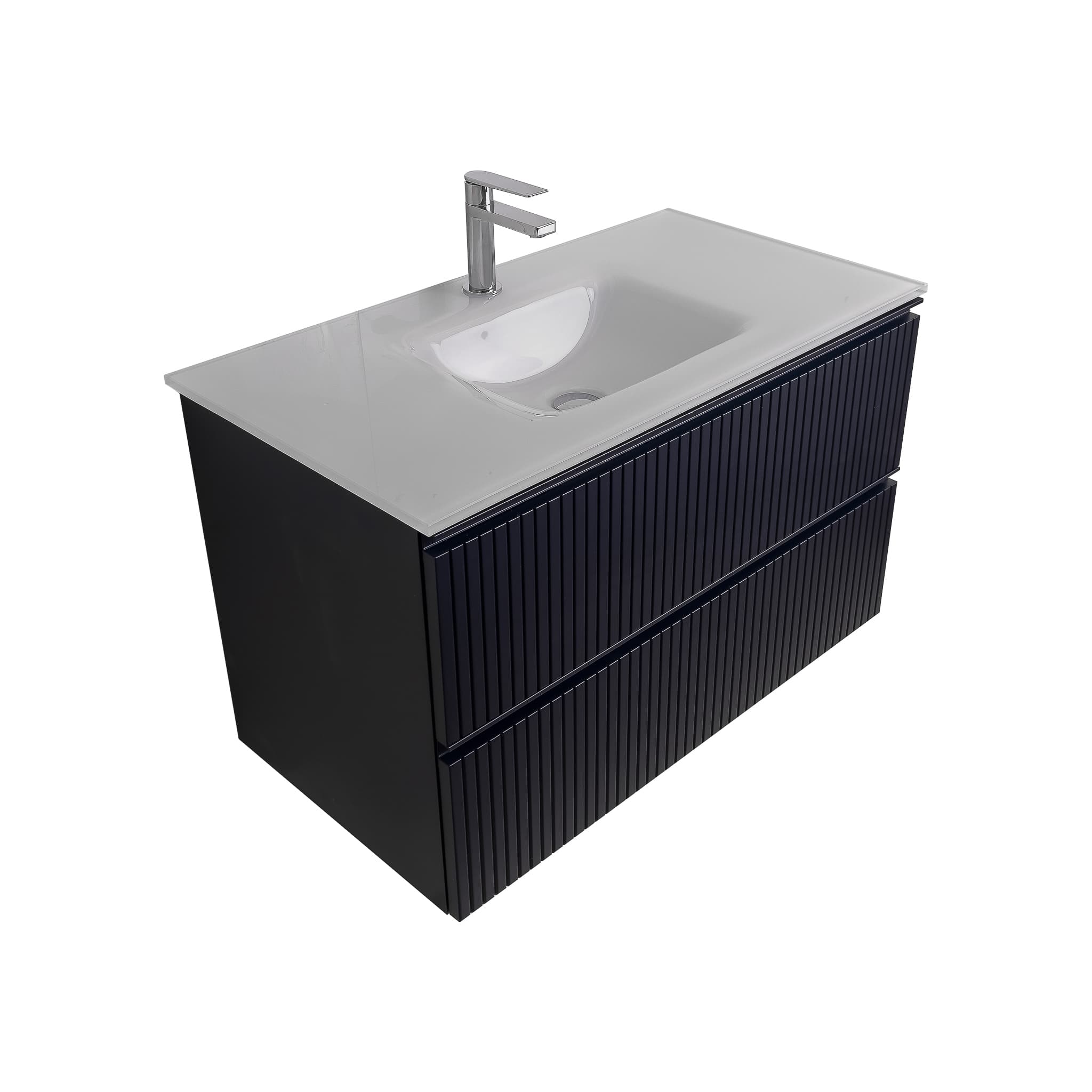 Ares 35.5 Matte Navy Blue Cabinet, White Tempered Glass Sink, Wall Mounted Modern Vanity Set