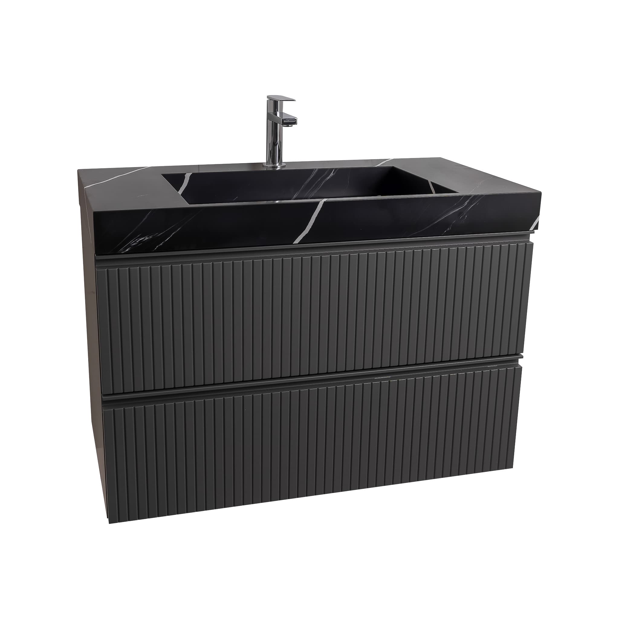 Ares 35.5 Matte Grey Cabinet, Solid Surface Matte Black Carrara Infinity Sink, Wall Mounted Modern Vanity Set