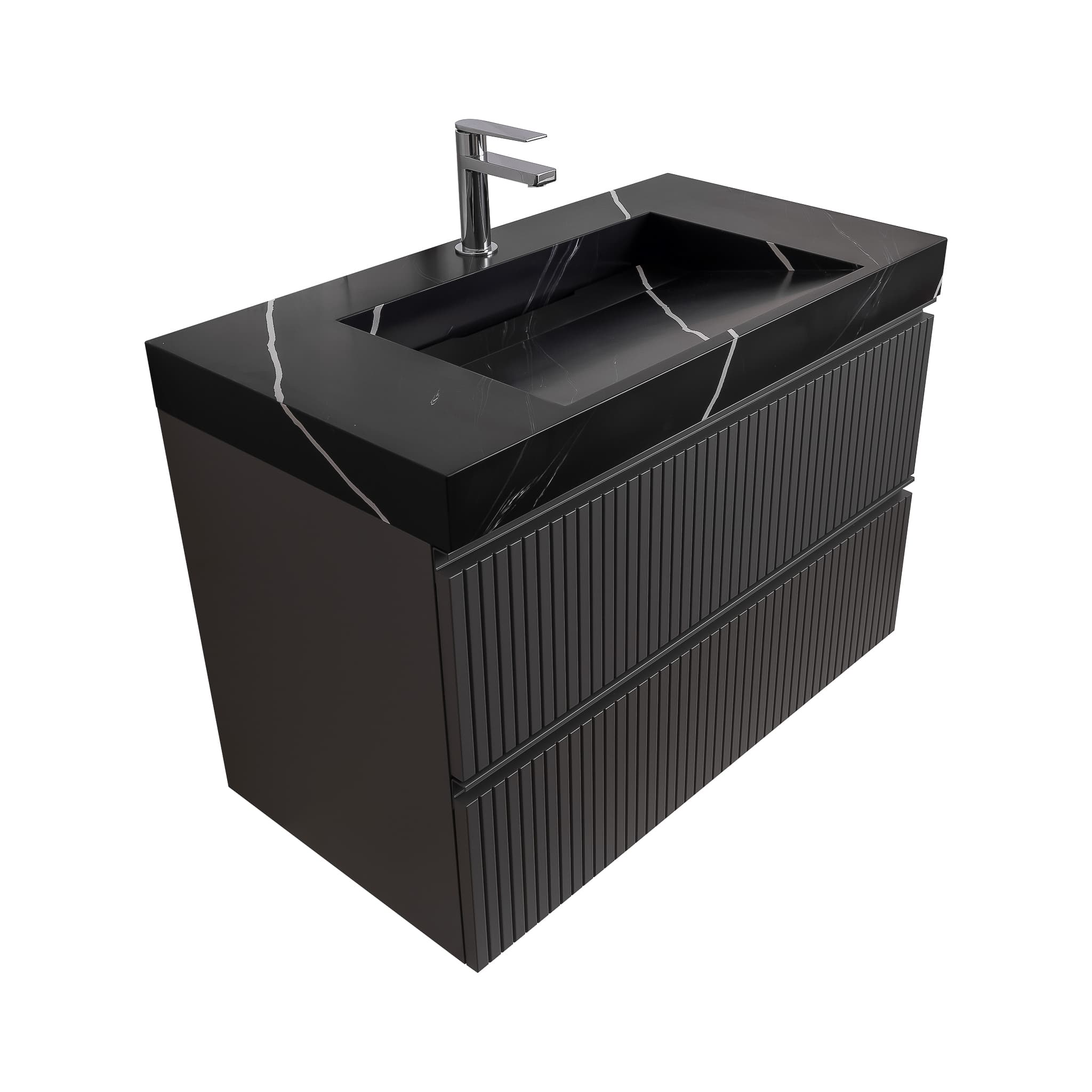 Ares 35.5 Matte Grey Cabinet, Solid Surface Matte Black Carrara Infinity Sink, Wall Mounted Modern Vanity Set