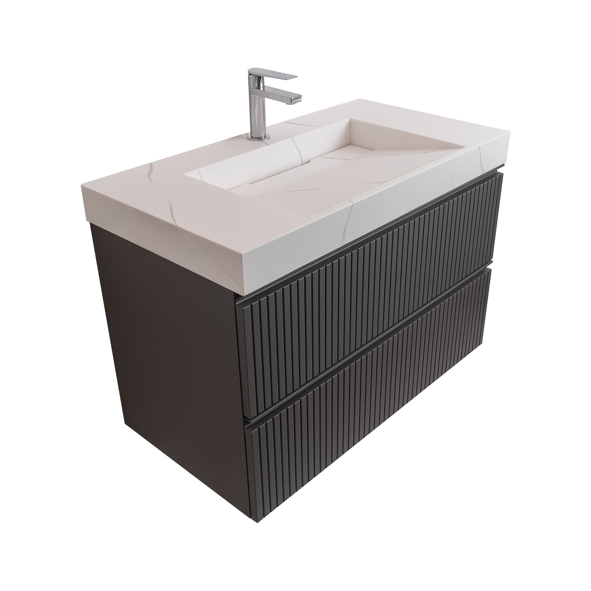 Ares 35.5 Matte Grey Cabinet, Solid Surface Matte White Top Carrara Infinity Sink, Wall Mounted Modern Vanity Set