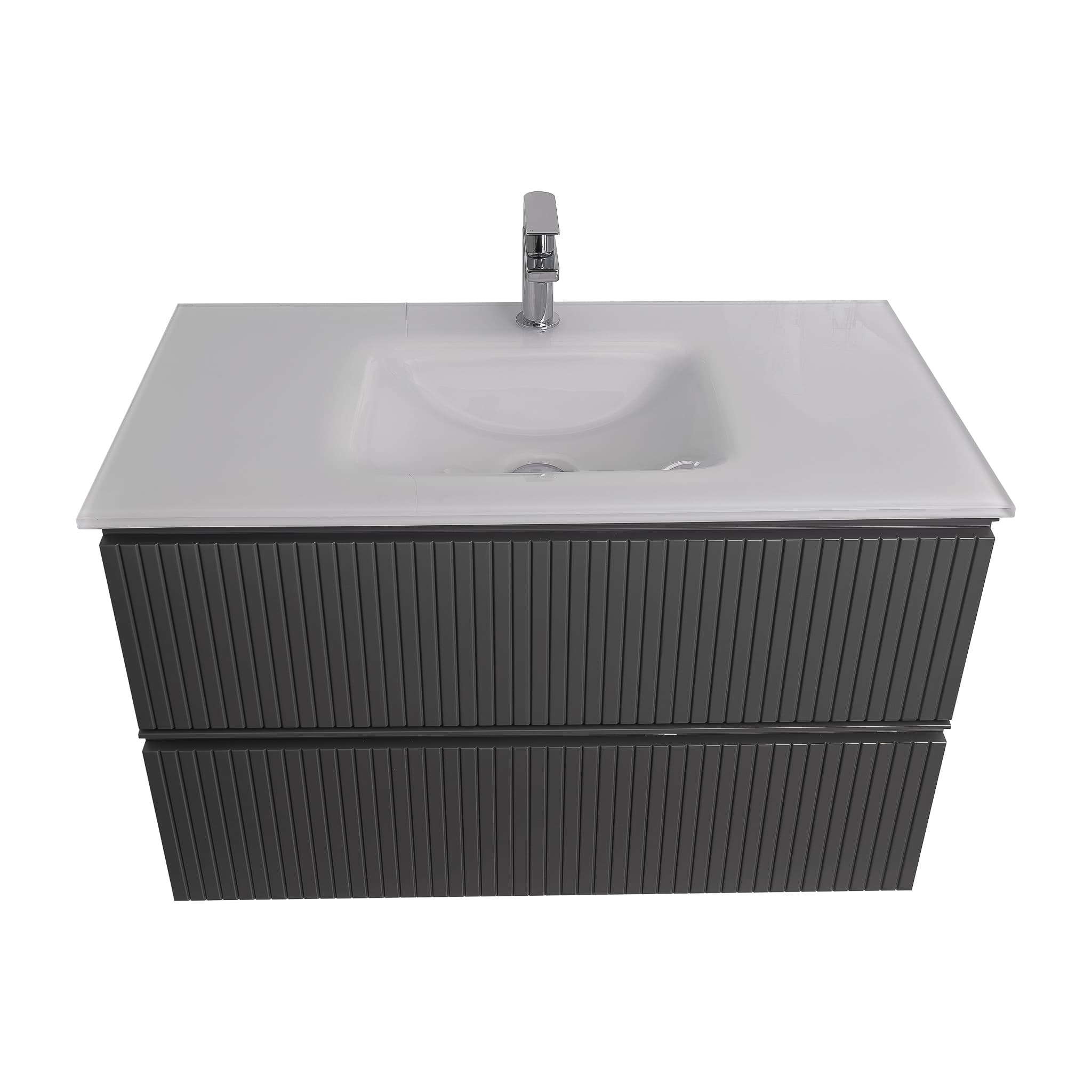 Ares 35.5 Matte Grey Cabinet, White Tempered Glass Sink, Wall Mounted Modern Vanity Set