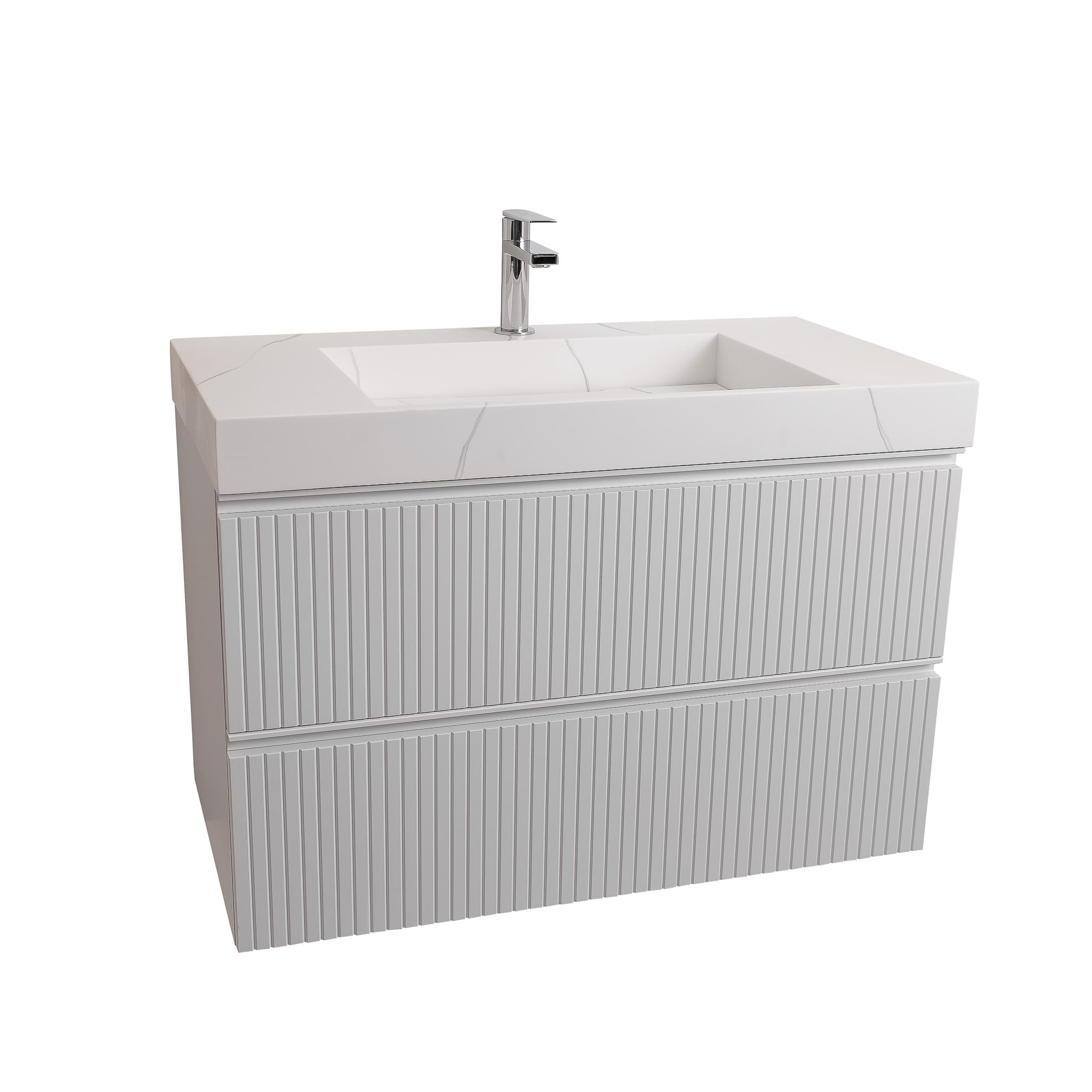 Ares 35.5 Matte White Cabinet, Solid Surface Matte White Top Carrara Infinity Sink, Wall Mounted Modern Vanity Set