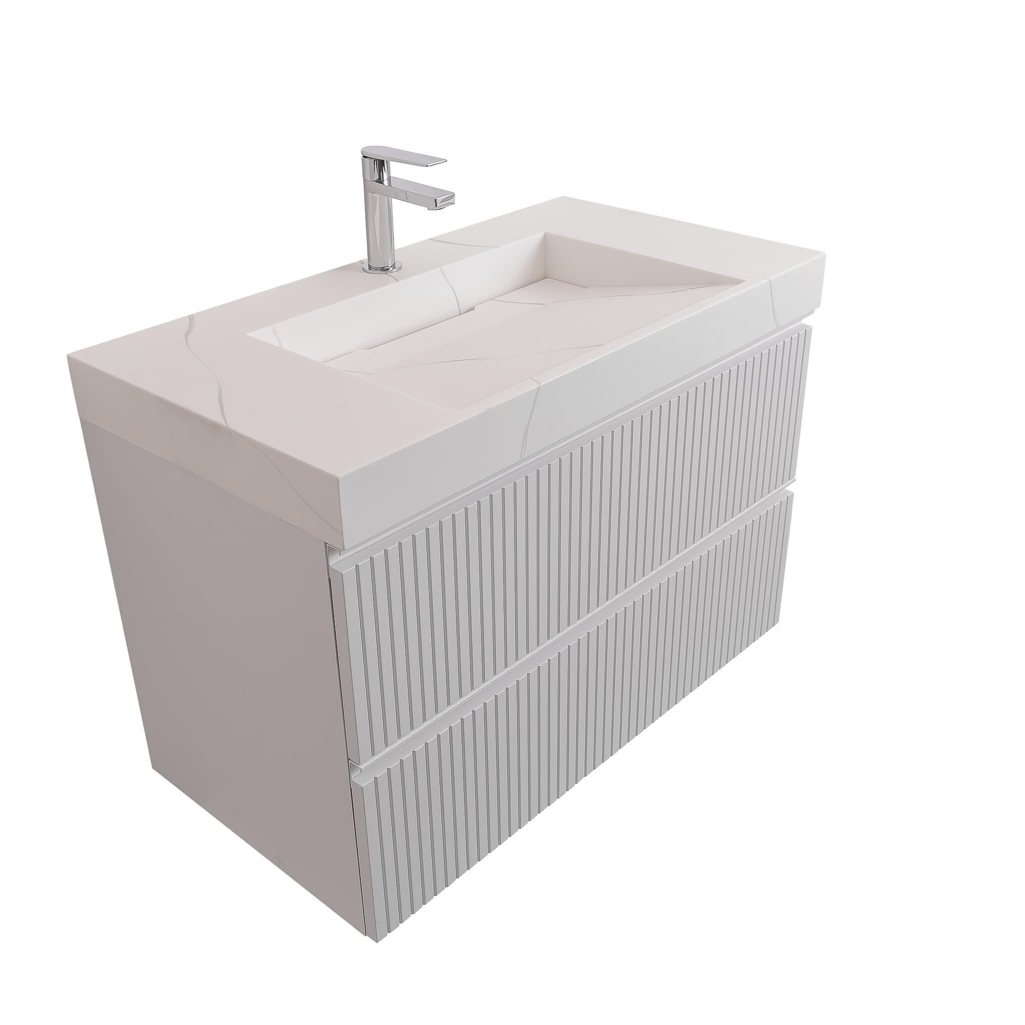 Ares 35.5 Matte White Cabinet, Solid Surface Matte White Top Carrara Infinity Sink, Wall Mounted Modern Vanity Set