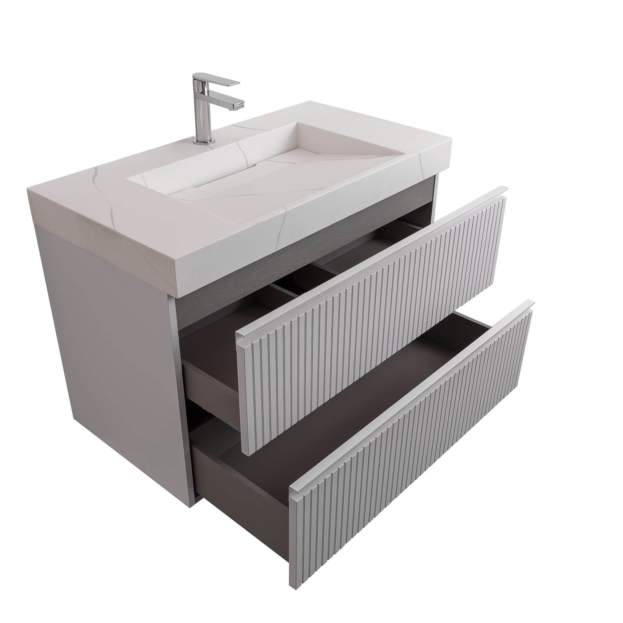 Ares 35.5 Matte White Cabinet, Solid Surface Matte White Top Carrara Infinity Sink, Wall Mounted Modern Vanity Set