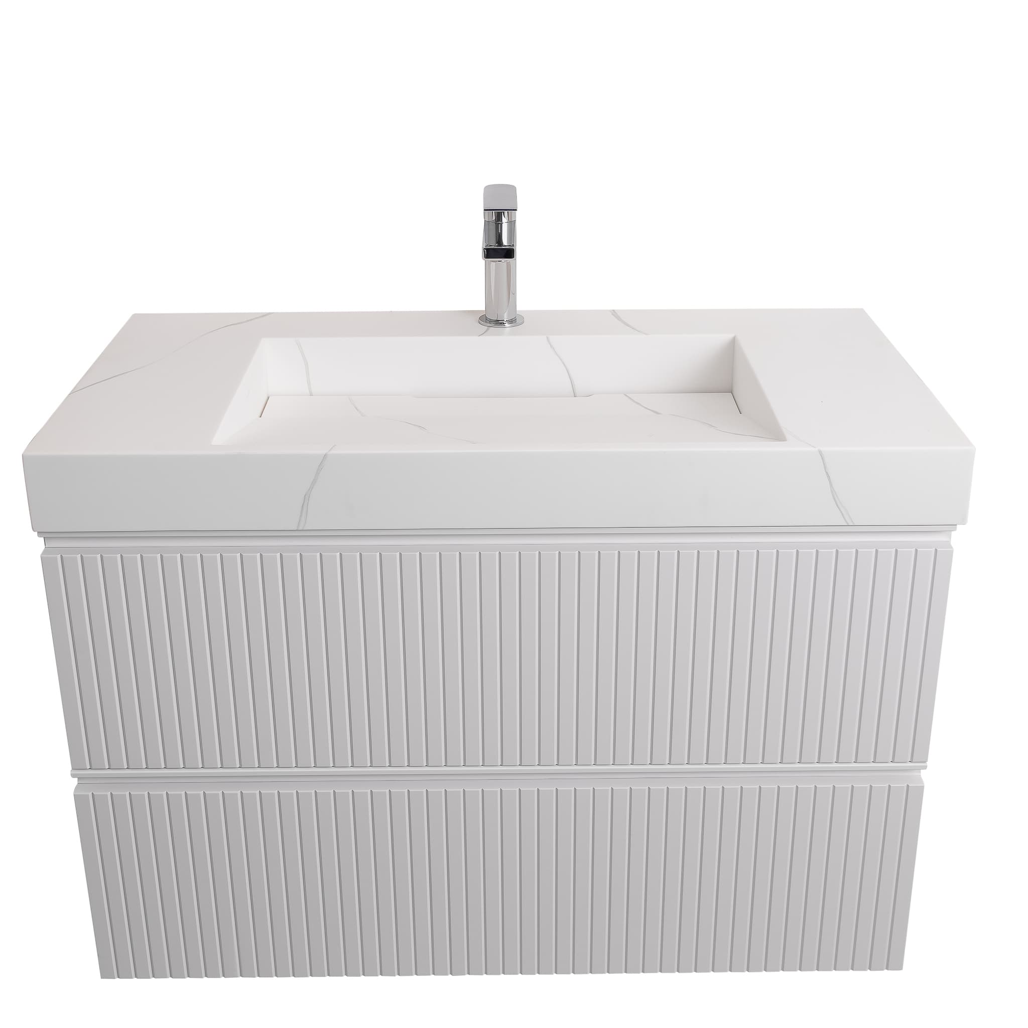 Ares 35.5 Matte White Cabinet, Solid Surface Matte White Top Carrara Infinity Sink, Wall Mounted Modern Vanity Set