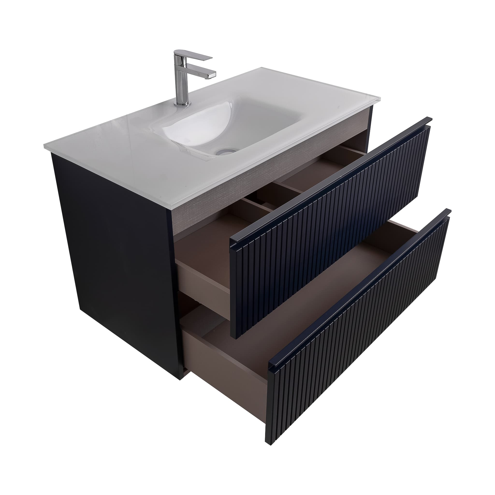 Ares 39.5 Matte Navy Blue Cabinet, White Tempered Glass Sink, Wall Mounted Modern Vanity Set