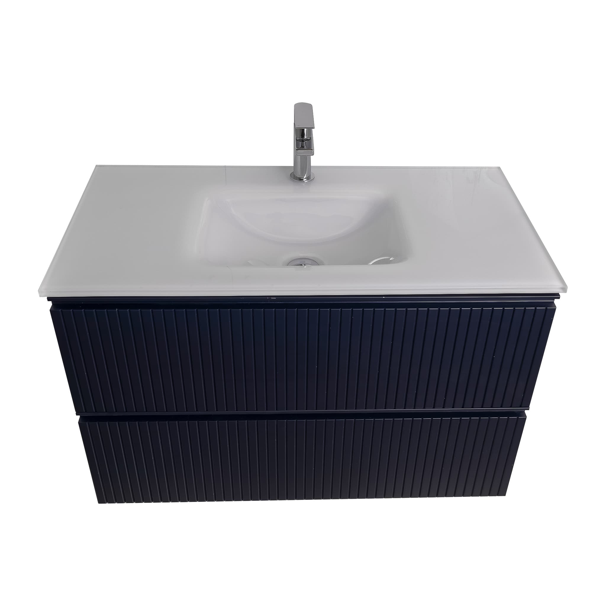 Ares 39.5 Matte Navy Blue Cabinet, White Tempered Glass Sink, Wall Mounted Modern Vanity Set