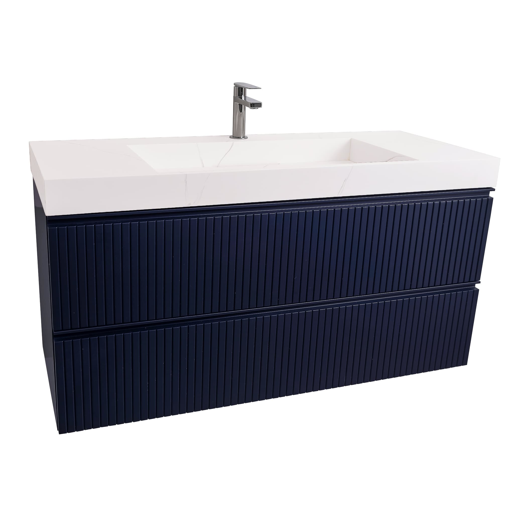 Ares 47.5 Navy Blue Cabinet, Solid Surface Matte White Top Carrara Infinity Sink, Wall Mounted Modern Vanity Set