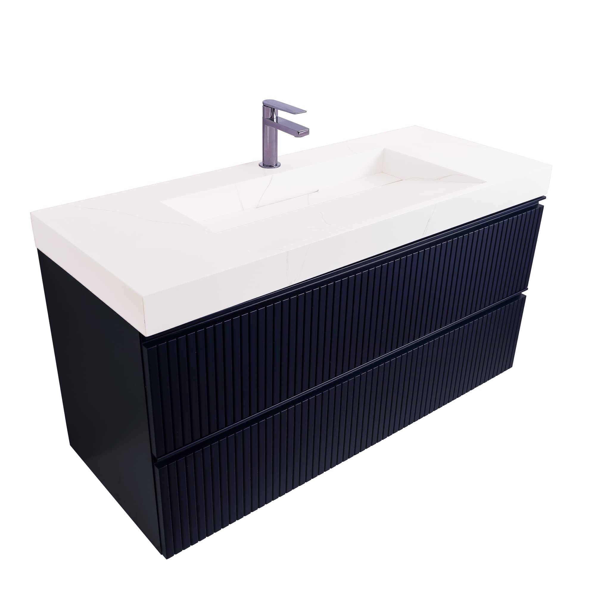 Ares 47.5 Navy Blue Cabinet, Solid Surface Matte White Top Carrara Infinity Sink, Wall Mounted Modern Vanity Set Bath Trends USA