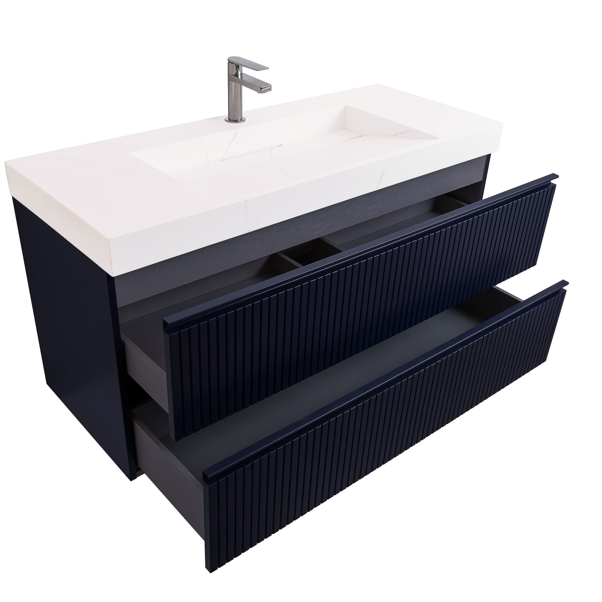 Ares 47.5 Navy Blue Cabinet, Solid Surface Matte White Top Carrara Infinity Sink, Wall Mounted Modern Vanity Set