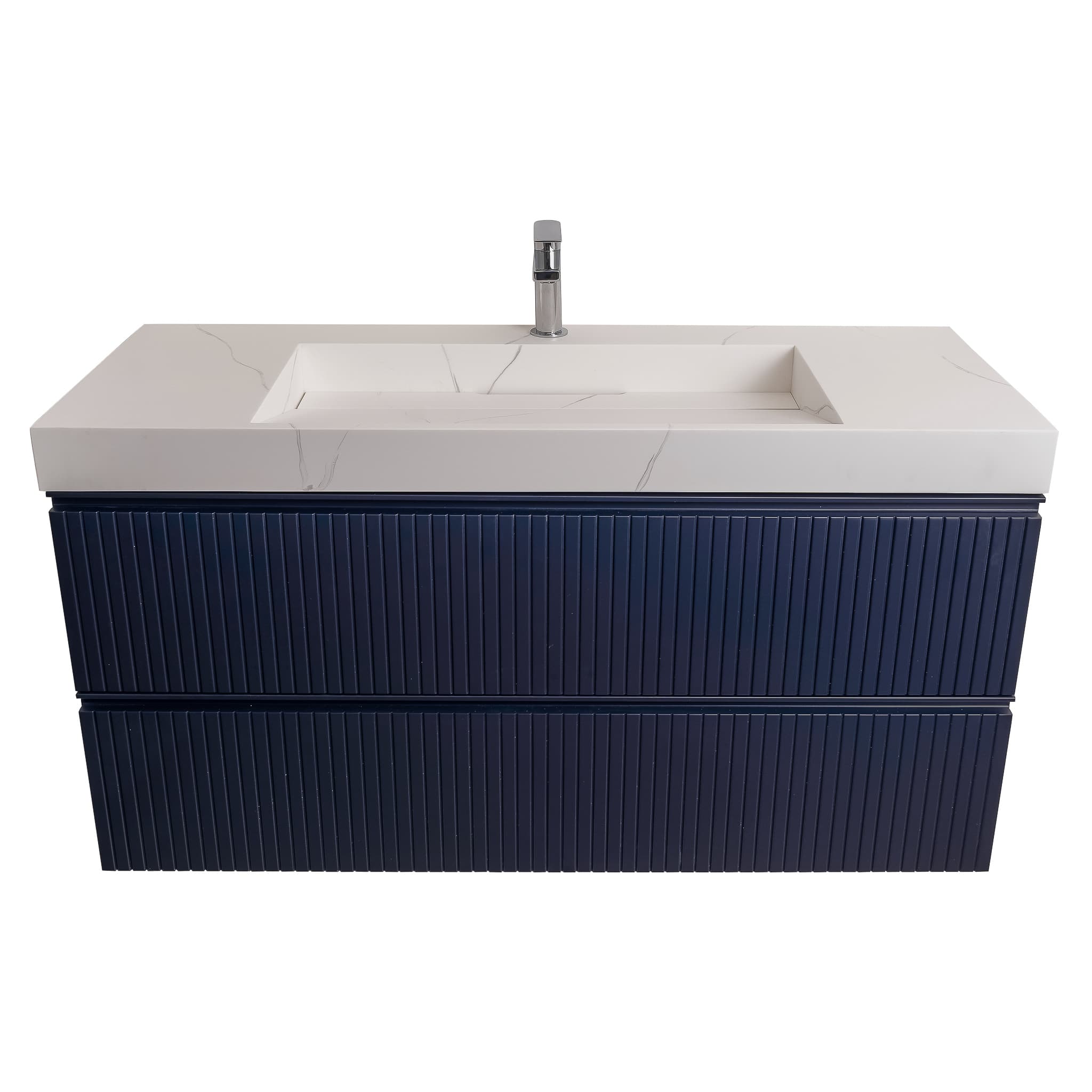 Ares 47.5 Navy Blue Cabinet, Solid Surface Matte White Top Carrara Infinity Sink, Wall Mounted Modern Vanity Set