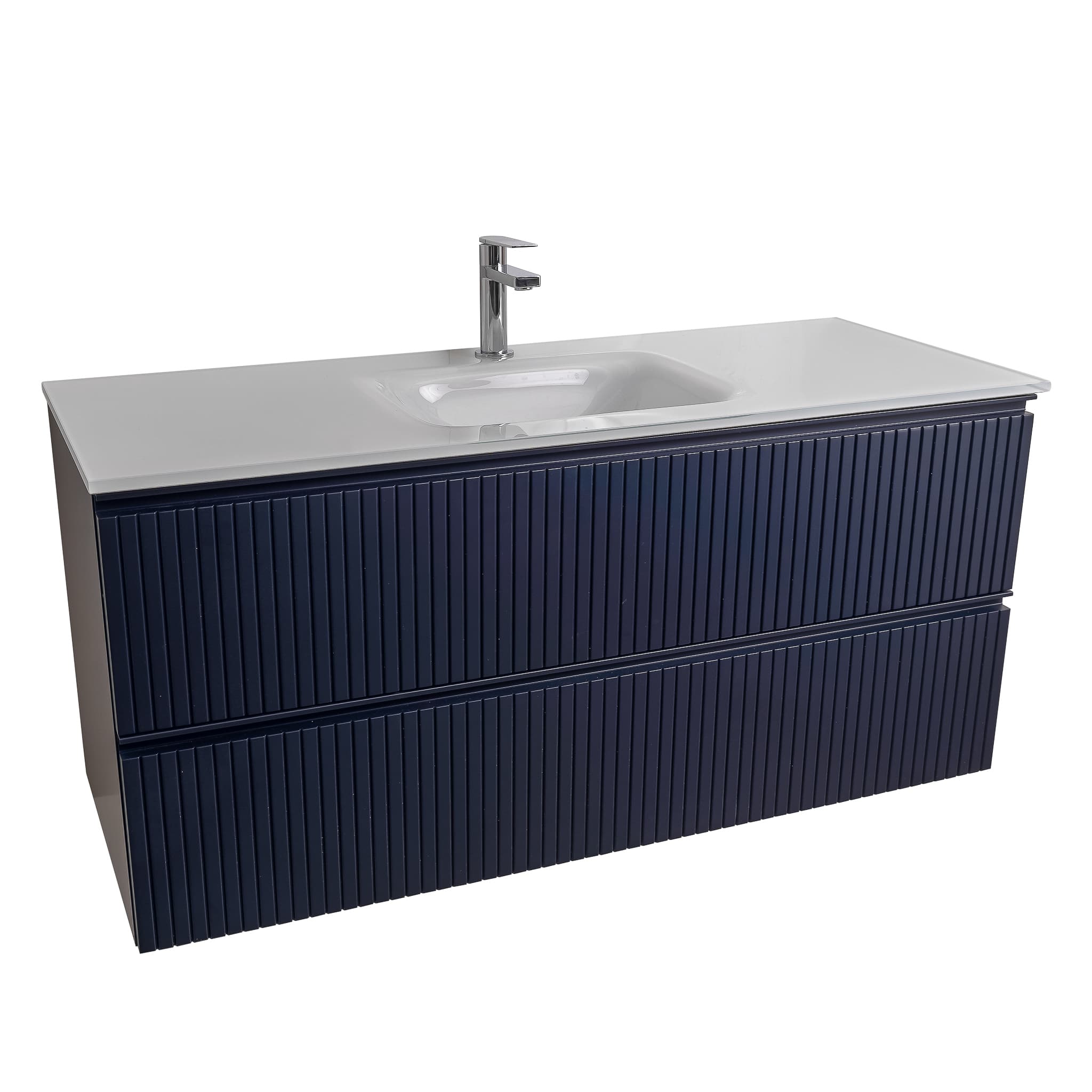 Ares 47.5 Matte Navy Blue Cabinet, White Tempered Glass Sink, Wall Mounted Modern Vanity Set Bath Trends USA