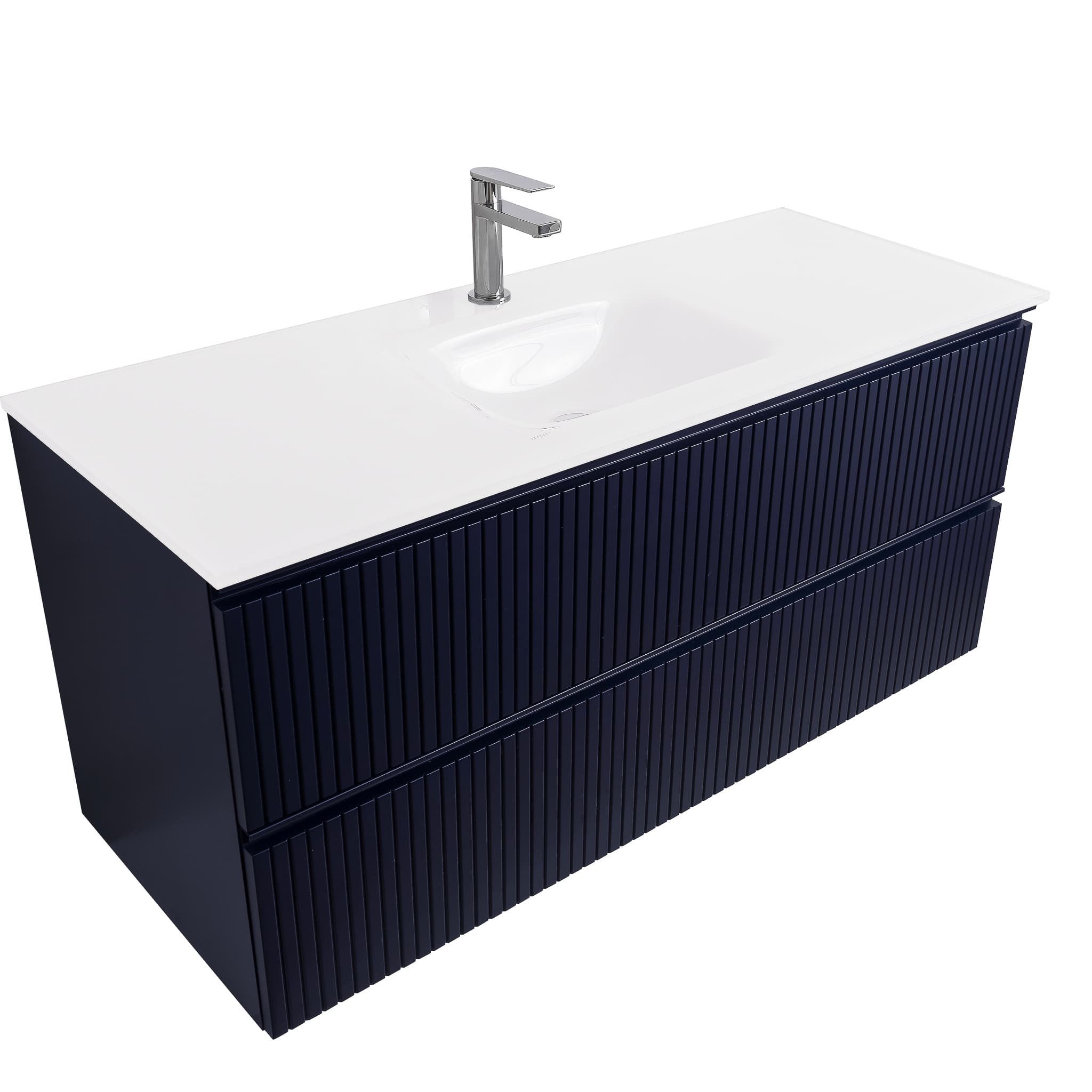 Ares 47.5 Matte Navy Blue Cabinet, White Tempered Glass Sink, Wall Mounted Modern Vanity Set Bath Trends USA