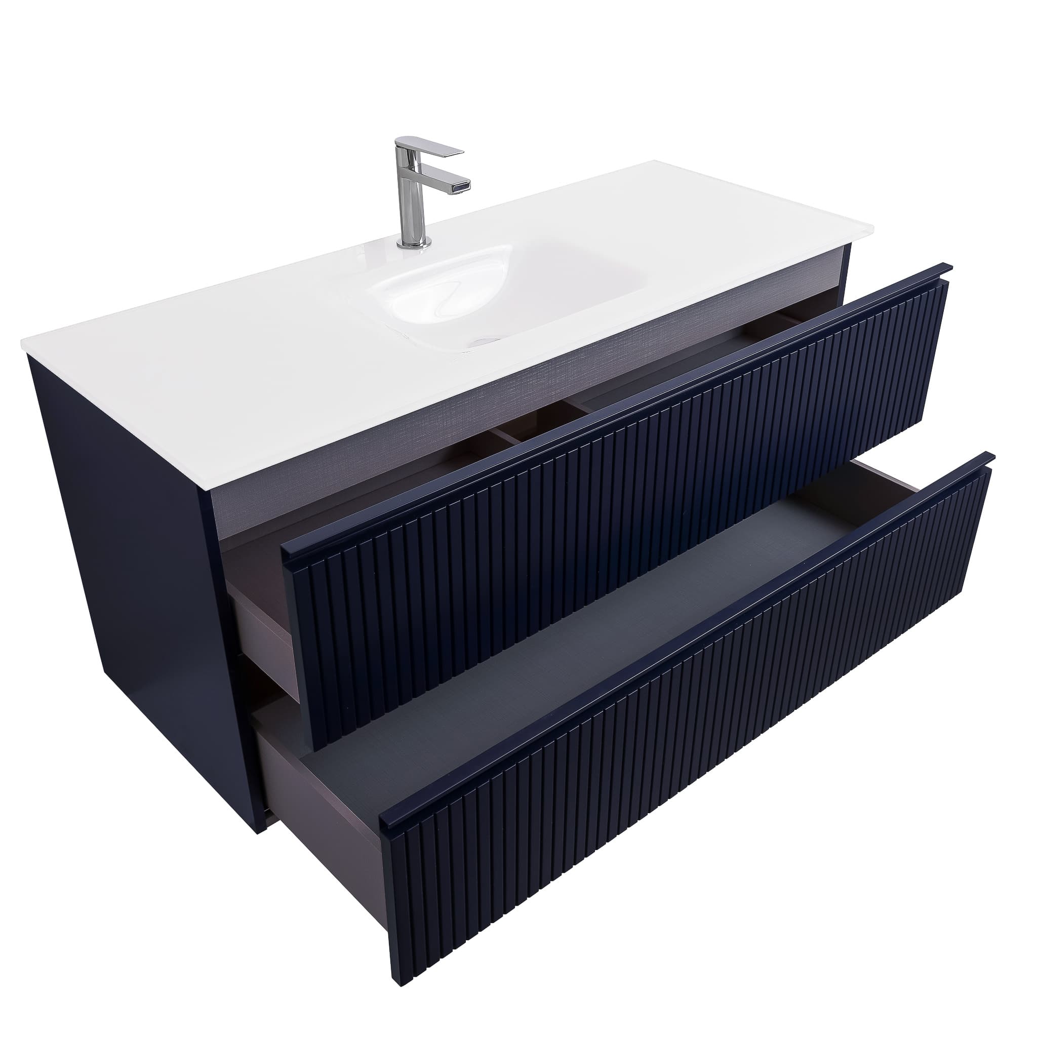 Ares 47.5 Matte Navy Blue Cabinet, White Tempered Glass Sink, Wall Mounted Modern Vanity Set