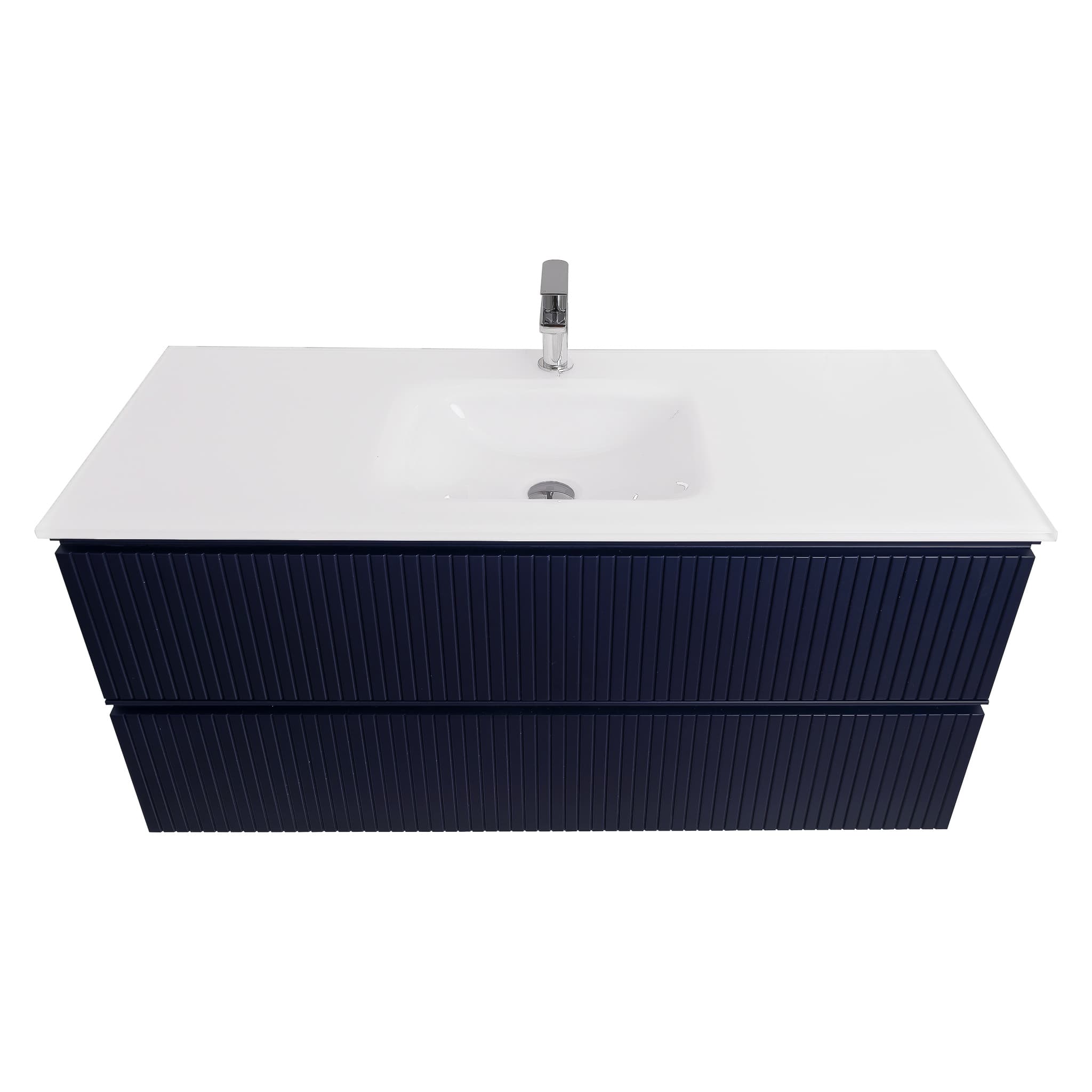 Ares 47.5 Matte Navy Blue Cabinet, White Tempered Glass Sink, Wall Mounted Modern Vanity Set