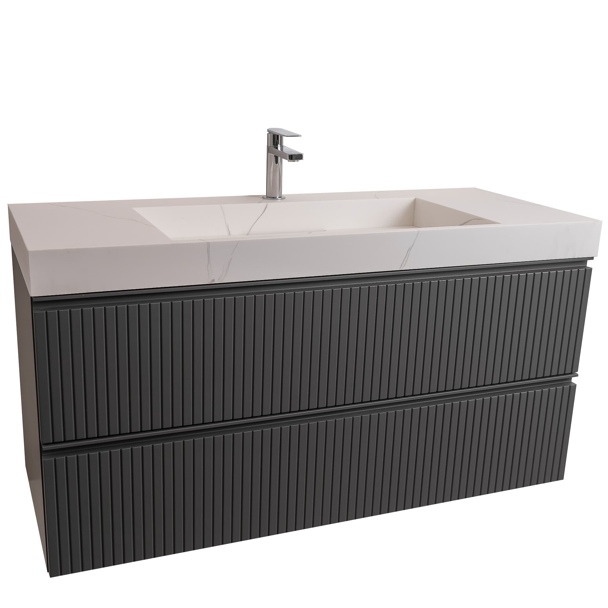 Ares 47.5 Matte Grey Cabinet, Solid Surface Matte White Top Carrara Infinity Sink, Wall Mounted Modern Vanity Set
